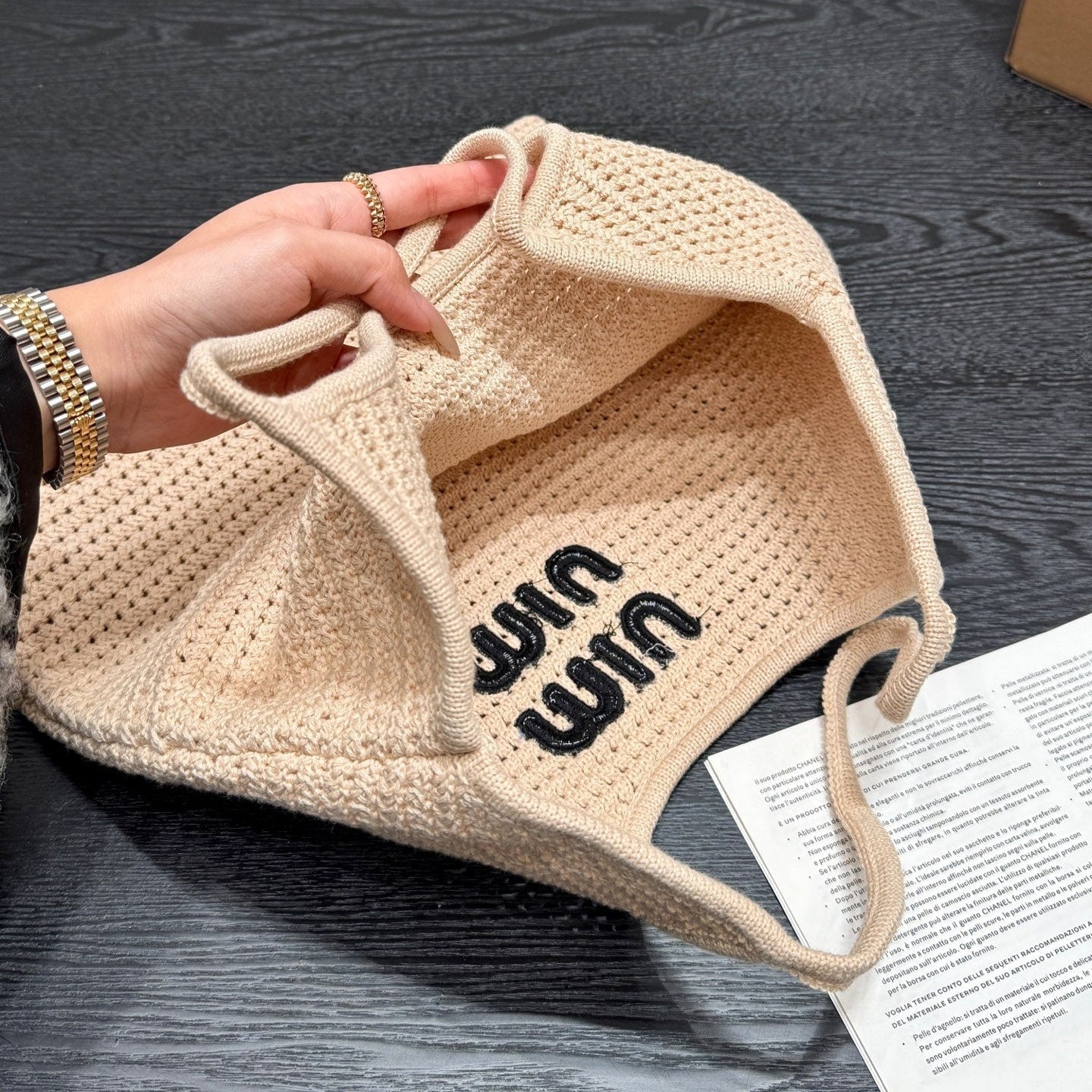 MIU MIU IVY HOBO BAG 36 IN BEIGE MESH BLACK EMBROIDERED LOGO