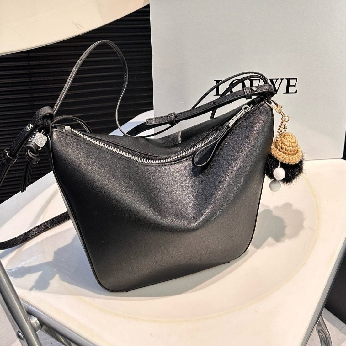 LOEWE LOE LUNA HOBO 17 BAG IN BLACK CALFSKIN