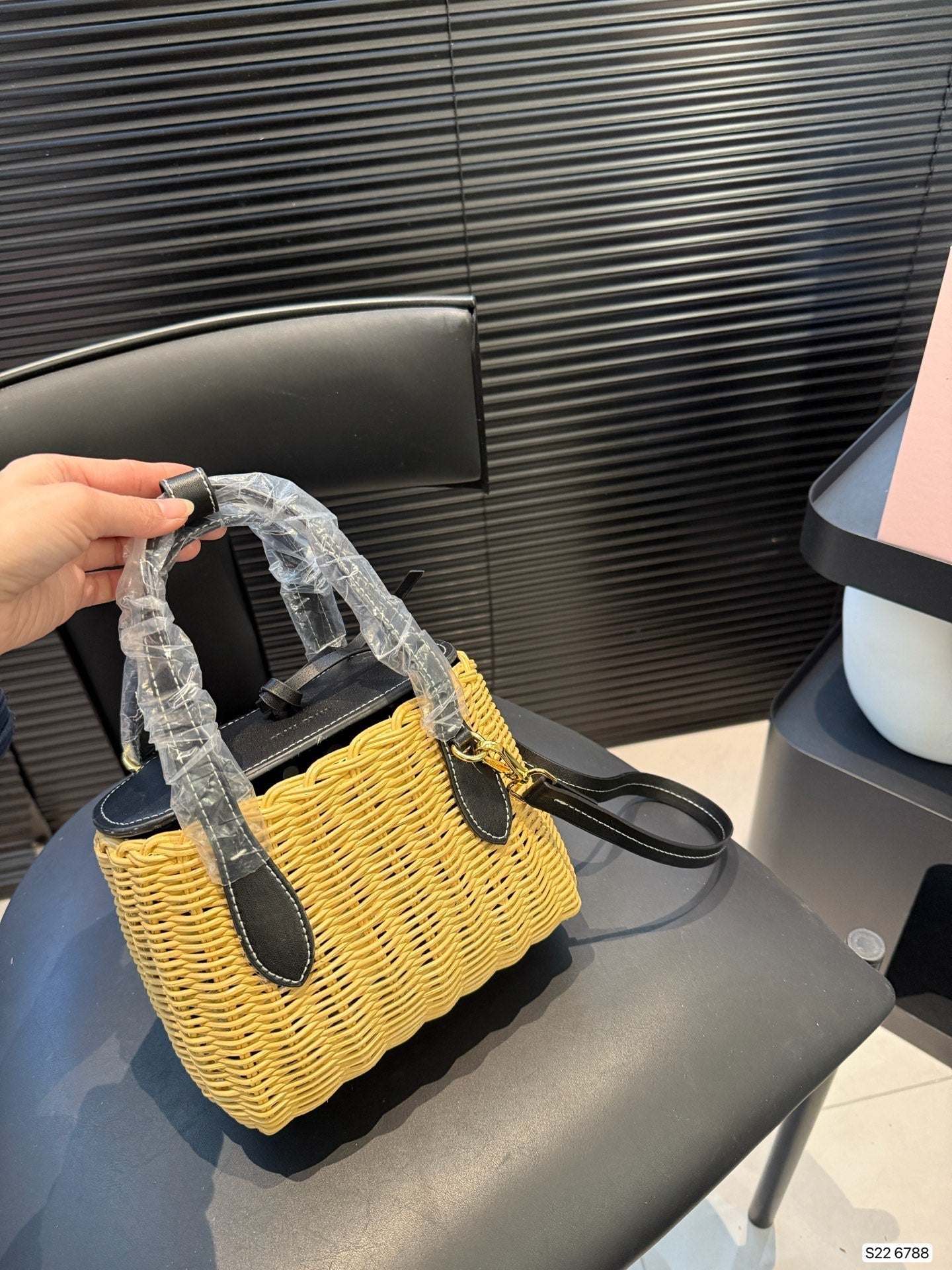 MIU MIU BASKET BAG 18 IN BROWN BEIGE WICKER AND BLACK CALFSKIN TRIM