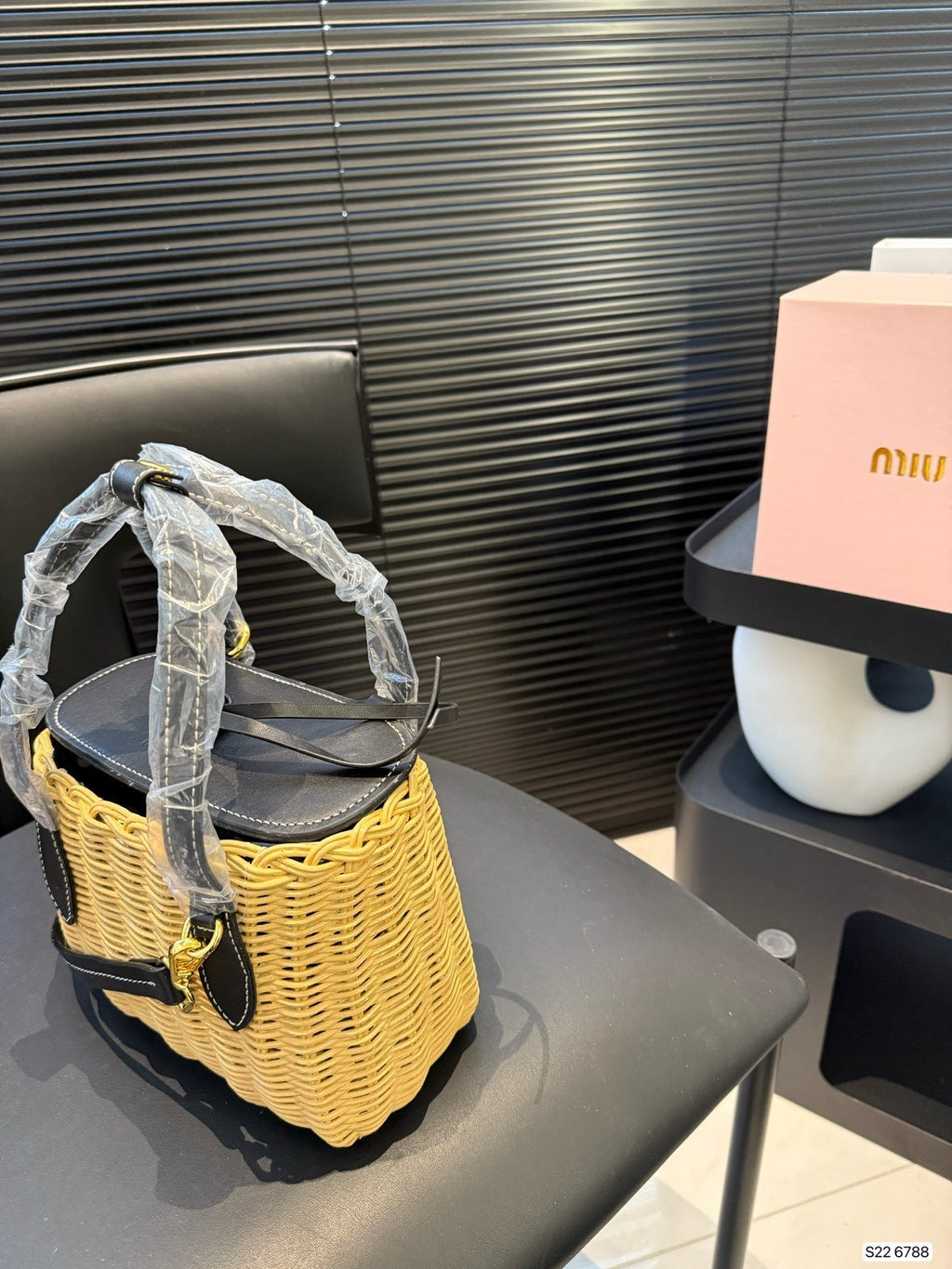 MIU MIU BASKET BAG 18 IN BROWN BEIGE WICKER AND BLACK CALFSKIN TRIM