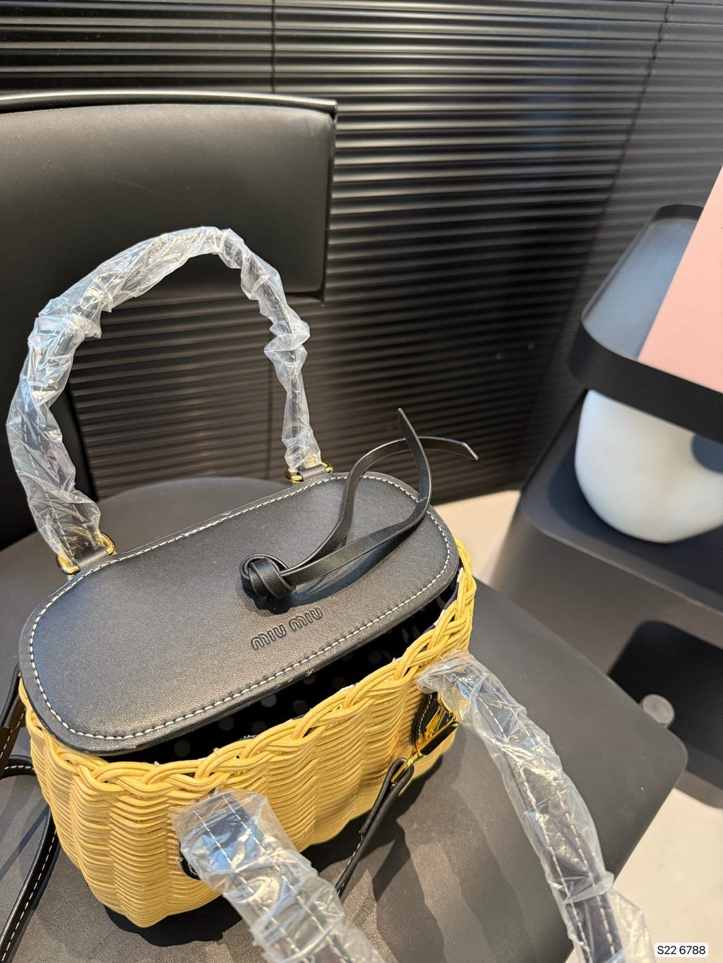 MIU MIU BASKET BAG 18 IN BROWN BEIGE WICKER AND BLACK CALFSKIN TRIM