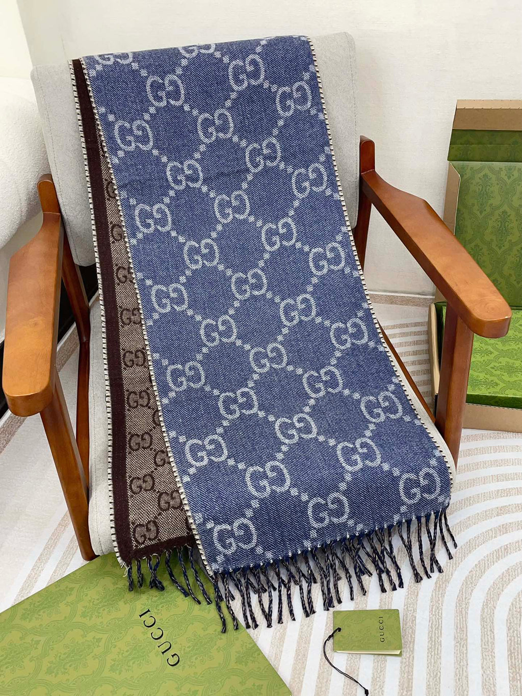 GUCCI JACQUARD WOOL SCARF DENIM BLUE MIX COFFEE BROWN 398286
