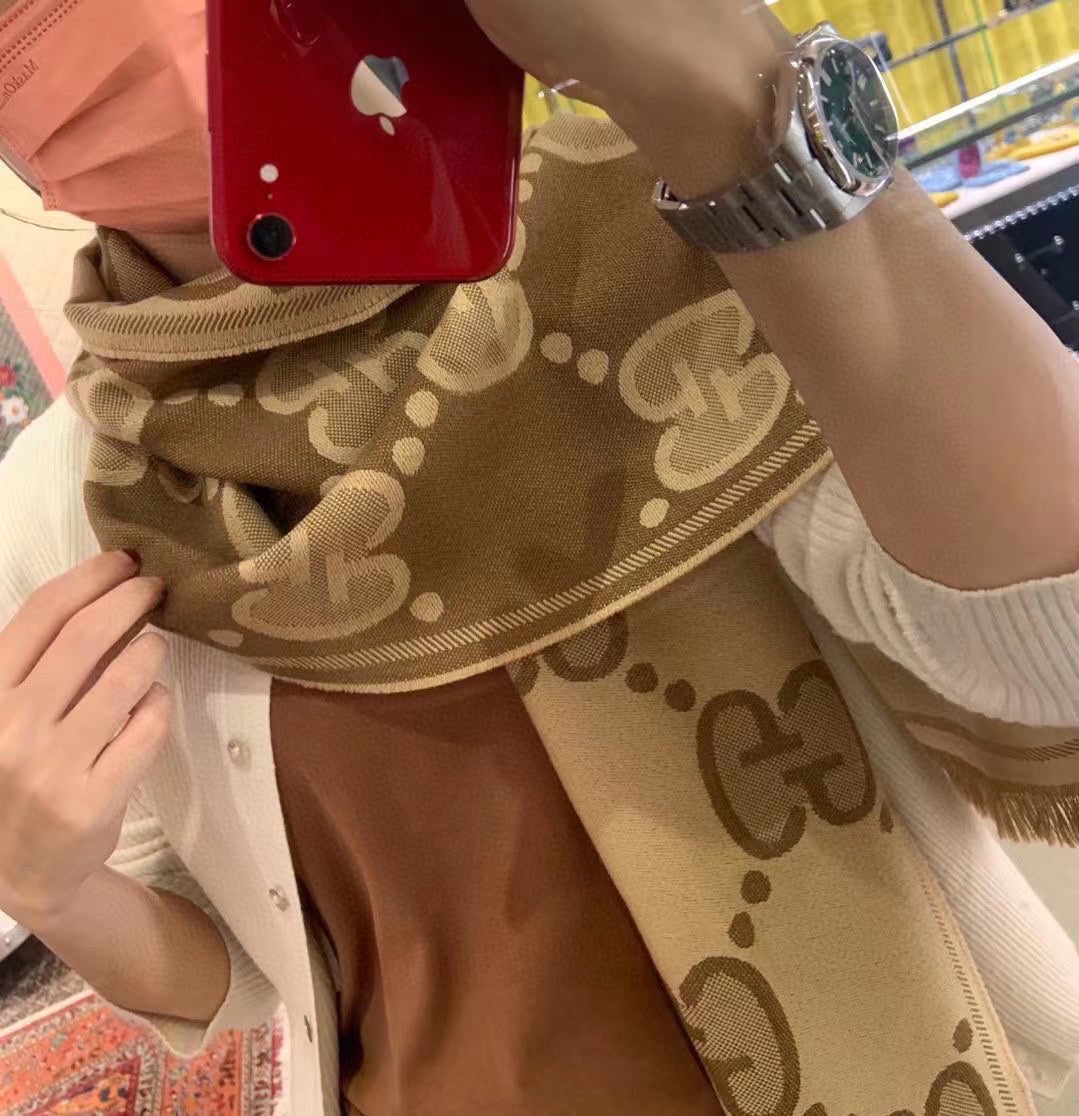 GUCCI DOUBLE-SIDED SCARF 200 CM IN COFFEE AND TAN BROWN WOOL AND SILK 398287