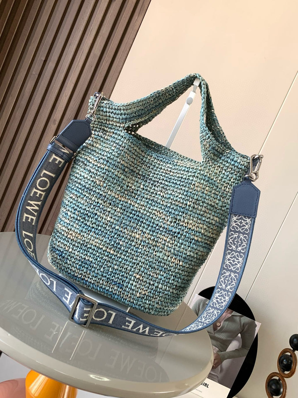 LOEWE LOE 30 SLIT BAG IN DENIM BLUE RAFFIA AND CALFSKIN