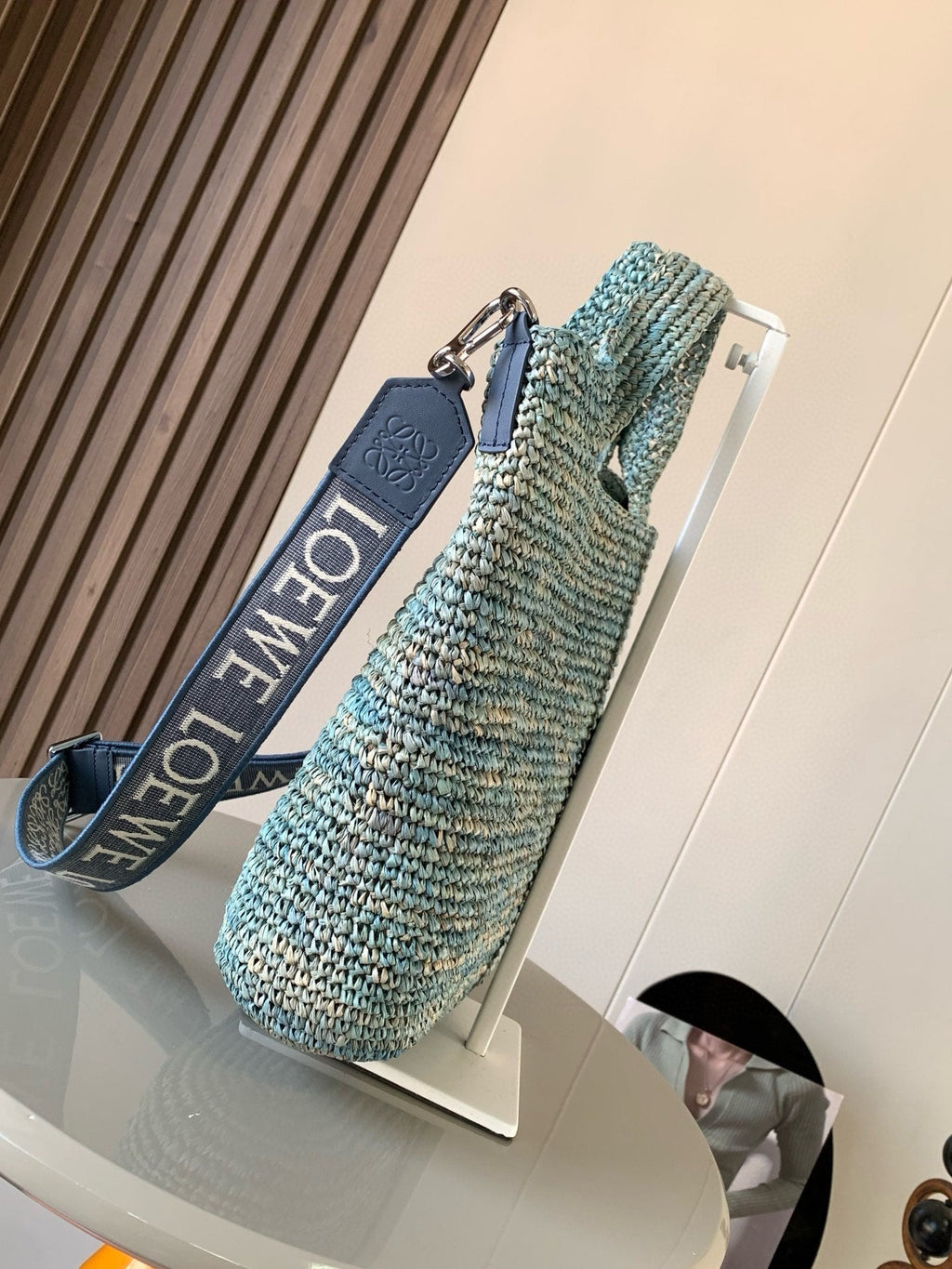LOEWE LOE 30 SLIT BAG IN DENIM BLUE RAFFIA AND CALFSKIN