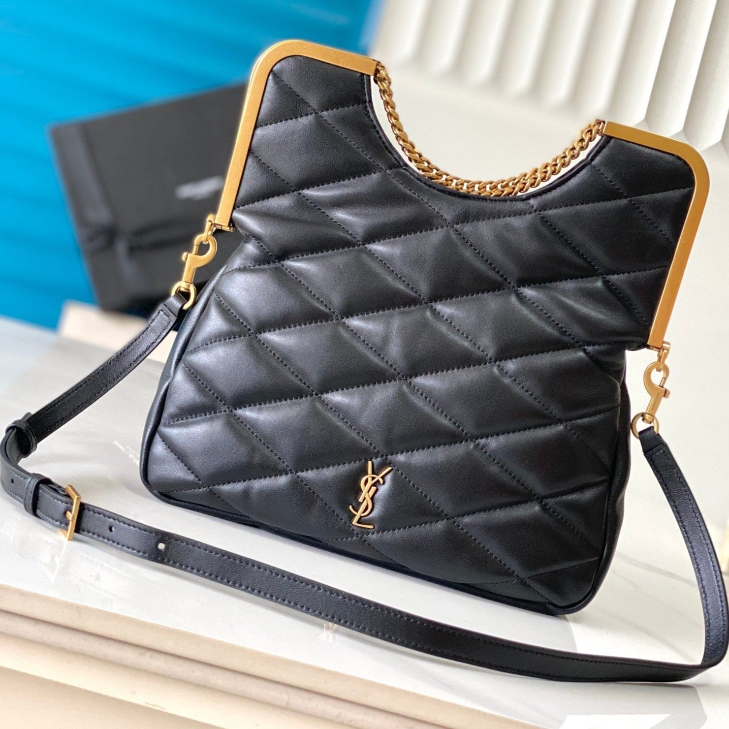 SAINT LAURENT 26 BLACK SHEEPSKIN WITH GOLD BUCKLE BAG