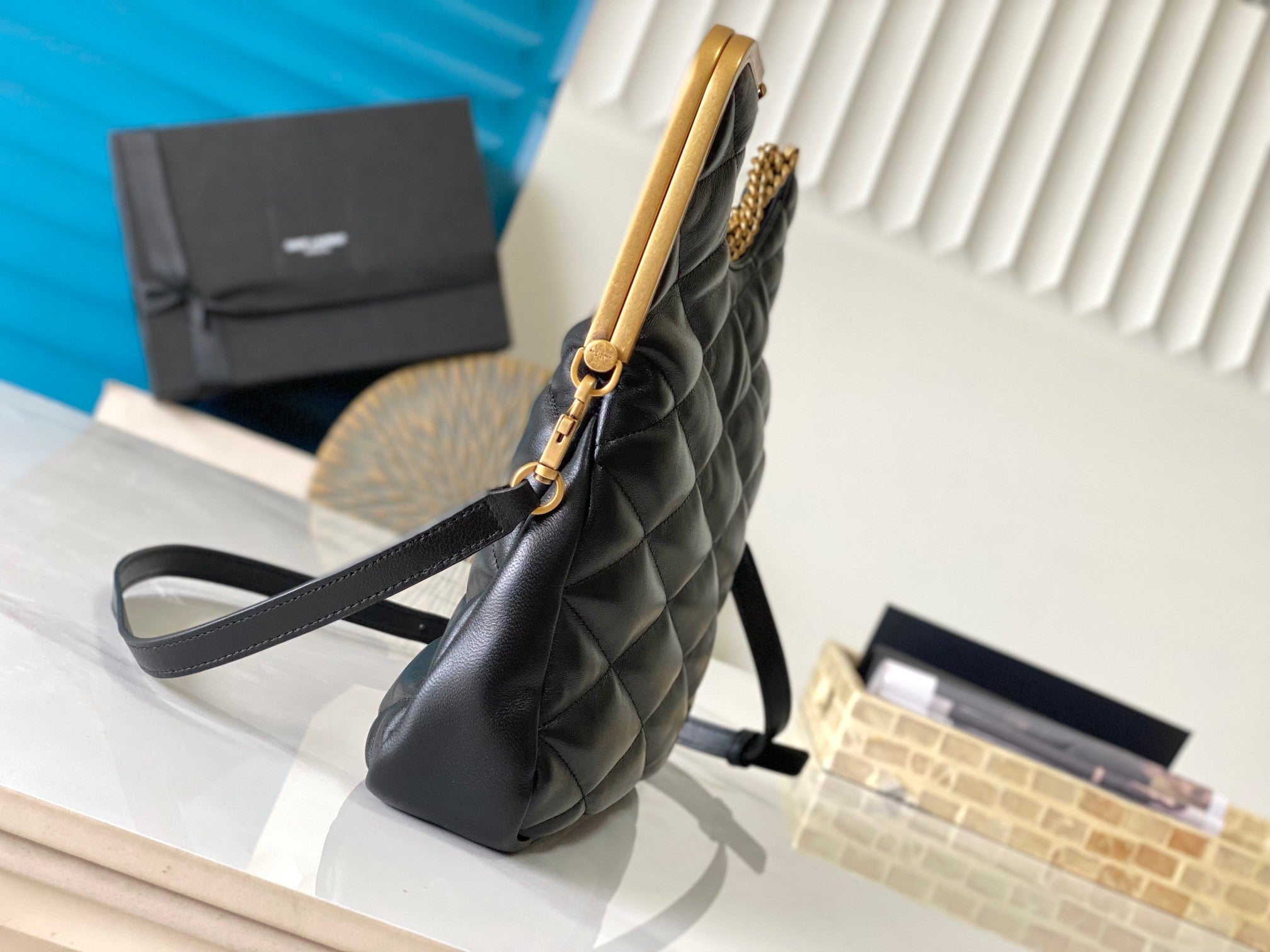 SAINT LAURENT 26 BLACK SHEEPSKIN WITH GOLD BUCKLE BAG