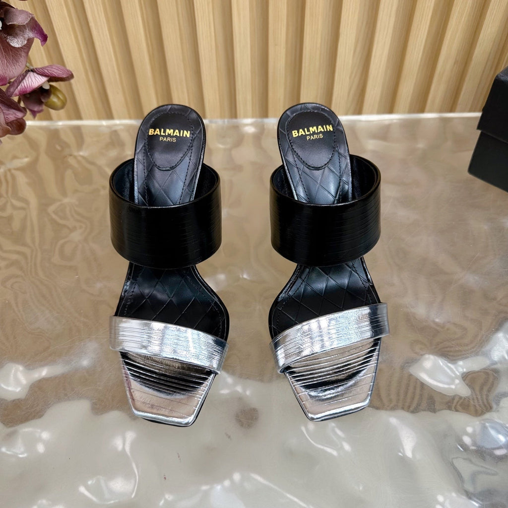BALMAIN 25S MULES IN STRIPED LEATHER 95MM IN BLACK AND SILVER CALFSKIN
