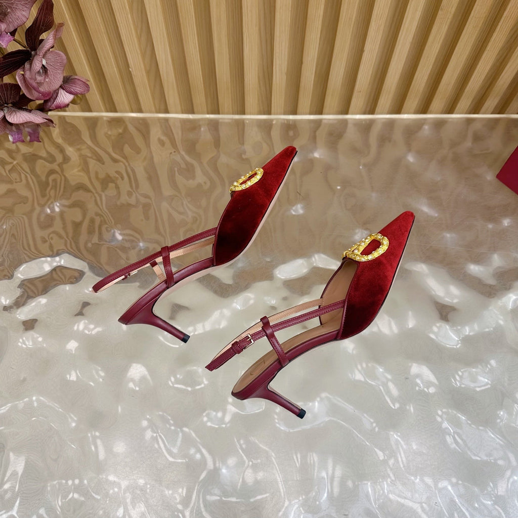 VALENTINO 25S HIGH-HEEL SLINGBACKS IN DARK RED VELVET WITH GOLD HARDWARE