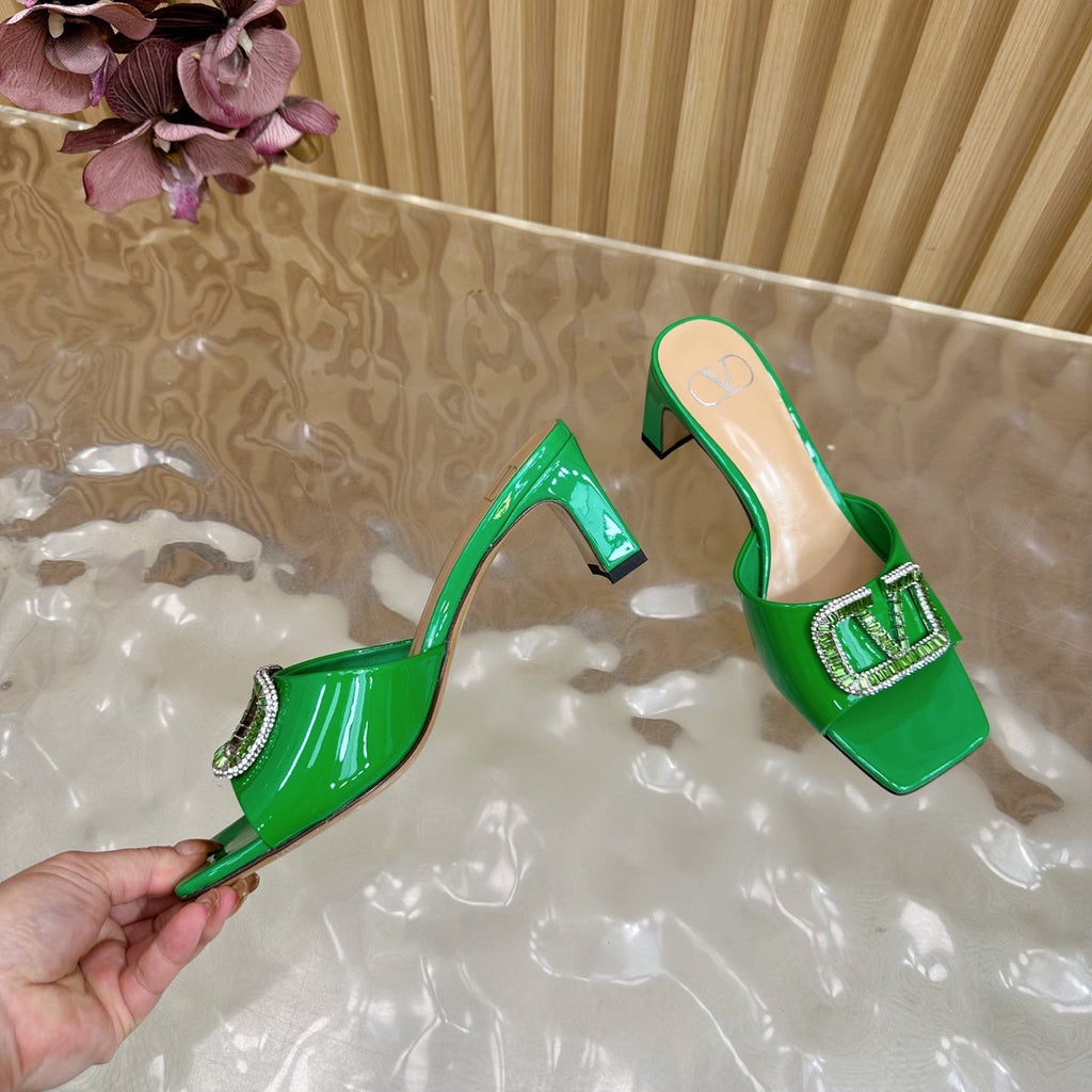 VALENTINO 25S HIGH-HEEL MULES 60 MM IN GREEN PATENT CALFSKIN WITH CRYSTAL-EMBELLISHED STRAP