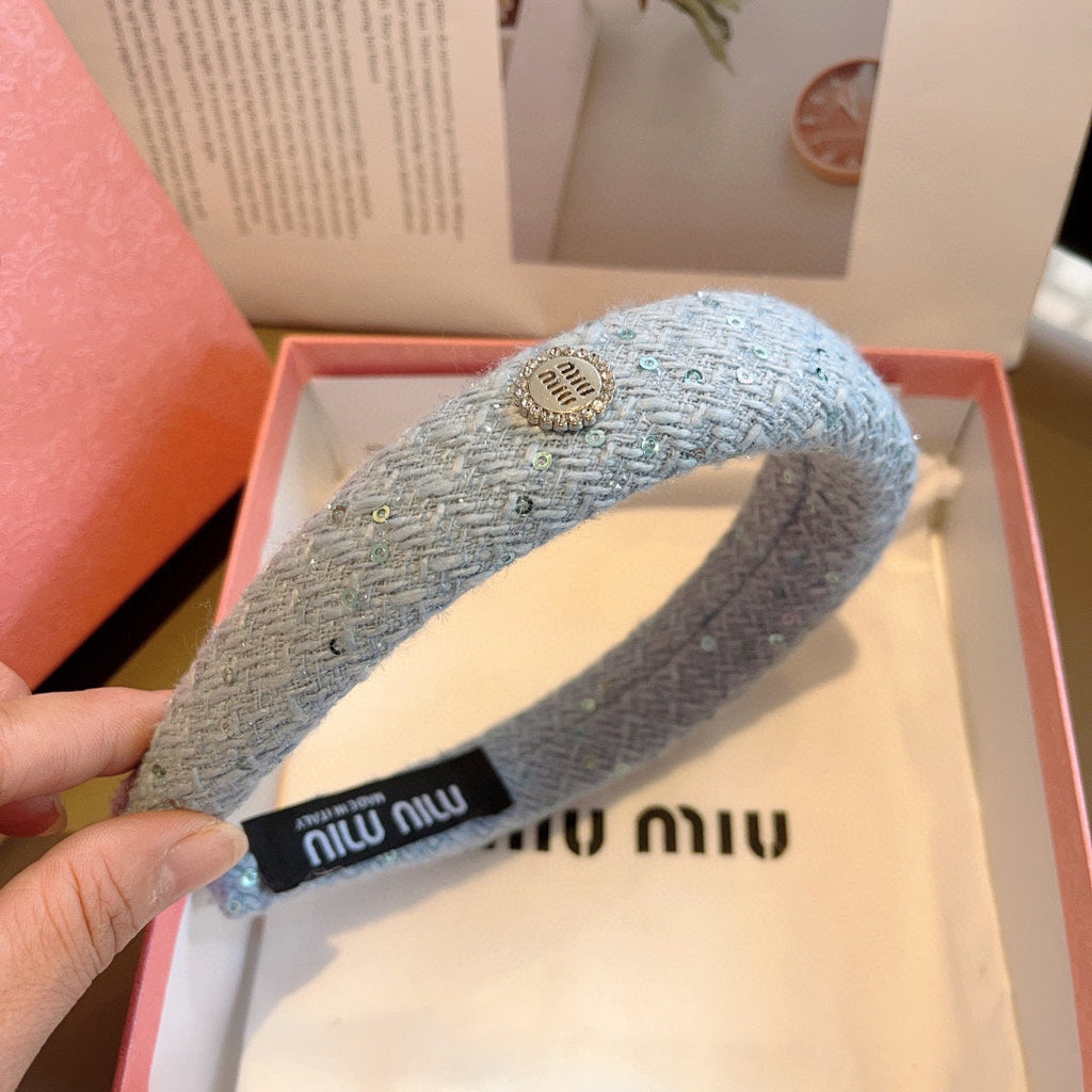 THICK HEADBAND IN SKY BLUE TWEED EMBELLISHED SEQUINS 406044