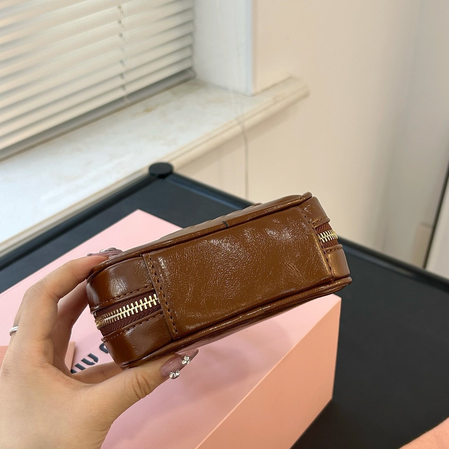 MIU MIU BEAU MINI TOP HANDLE BAG 14 IN PECAN BROWN CALFSKIN