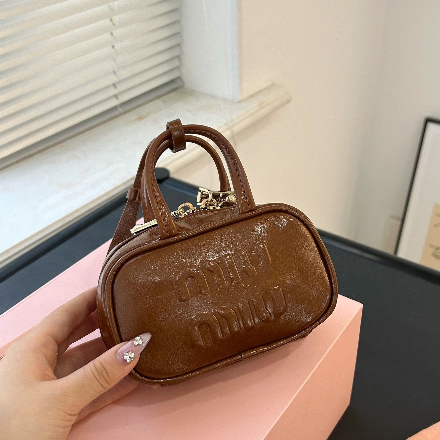 MIU MIU BEAU MINI TOP HANDLE BAG 14 IN PECAN BROWN CALFSKIN