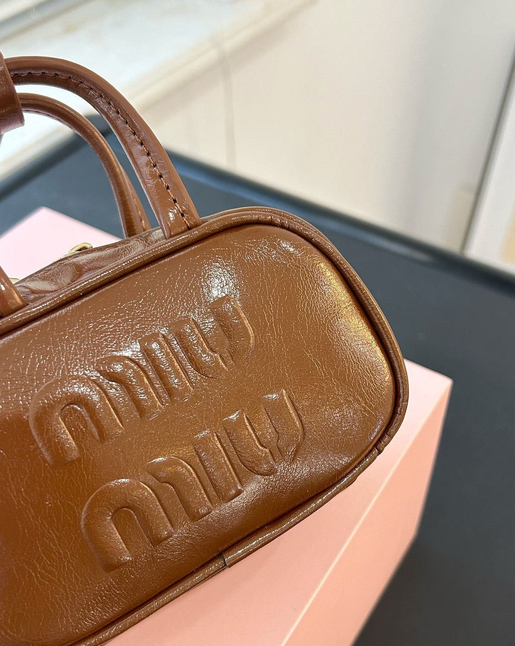 MIU MIU BEAU MINI TOP HANDLE BAG 14 IN PECAN BROWN CALFSKIN