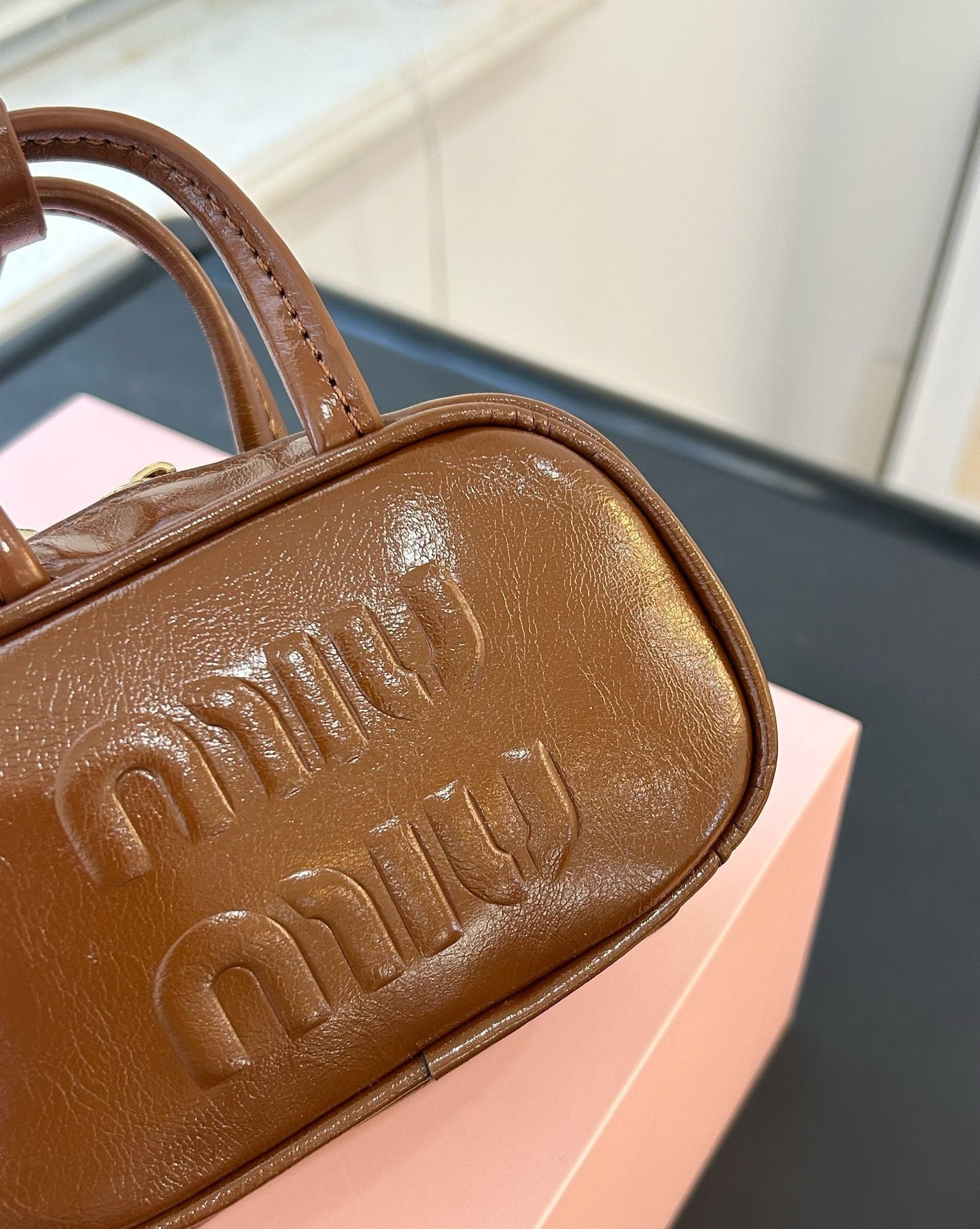 MIU MIU BEAU MINI TOP HANDLE BAG 14 IN PECAN BROWN CALFSKIN