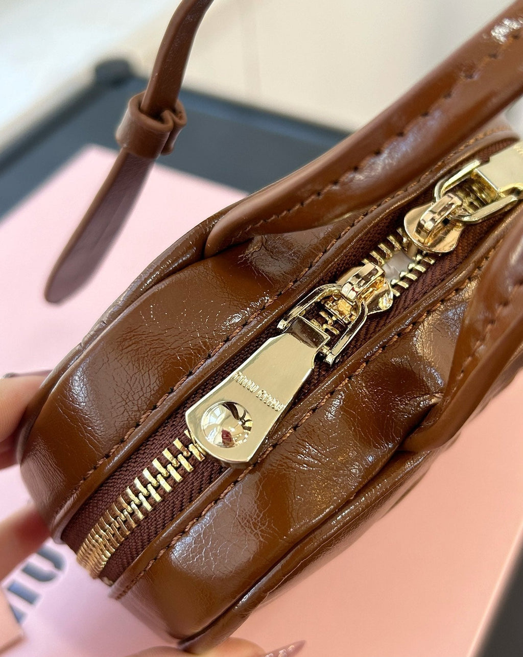 MIU MIU BEAU MINI TOP HANDLE BAG 14 IN PECAN BROWN CALFSKIN