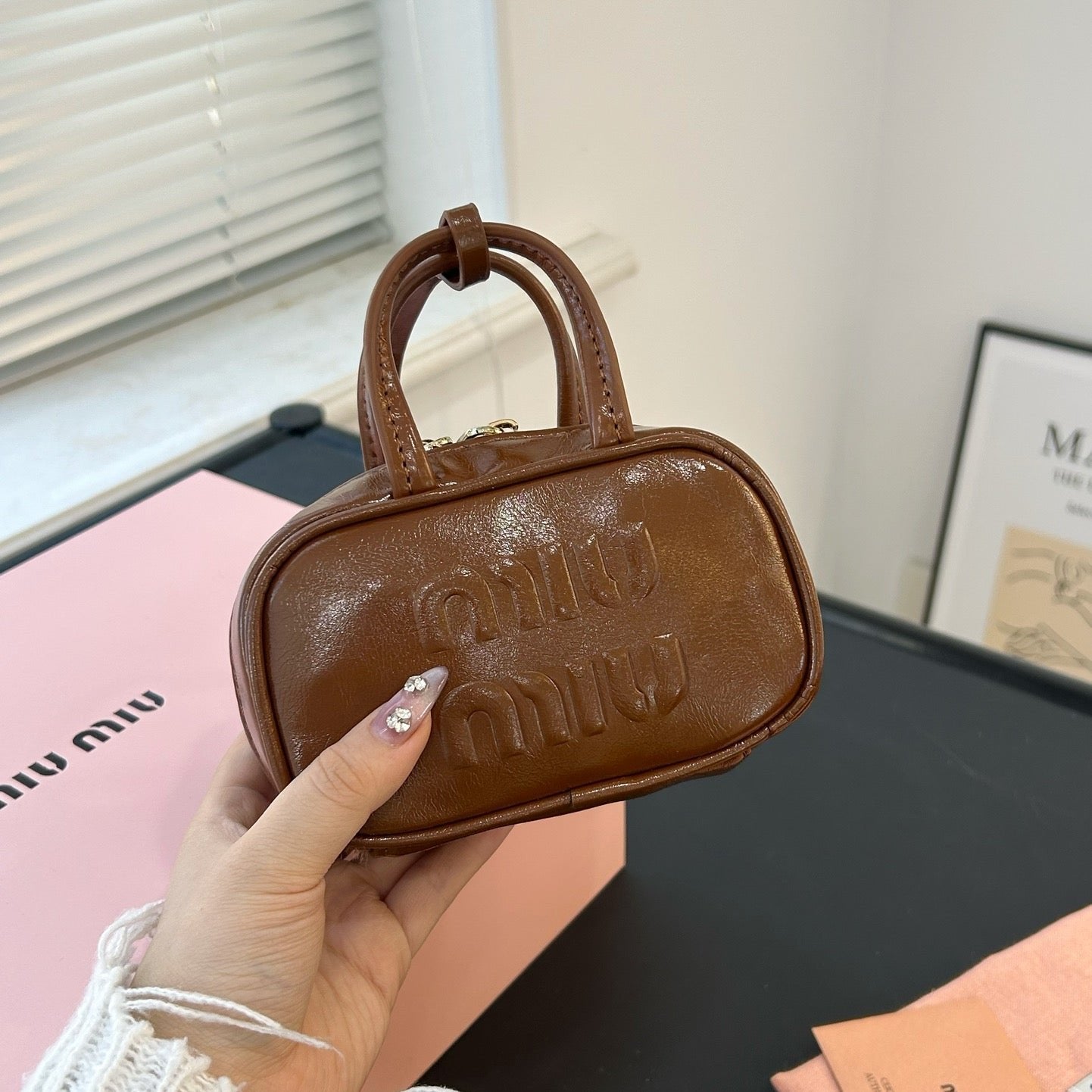 MIU MIU BEAU MINI TOP HANDLE BAG 14 IN PECAN BROWN CALFSKIN