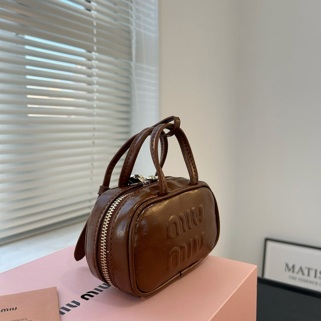 MIU MIU BEAU MINI TOP HANDLE BAG 14 IN PECAN BROWN CALFSKIN