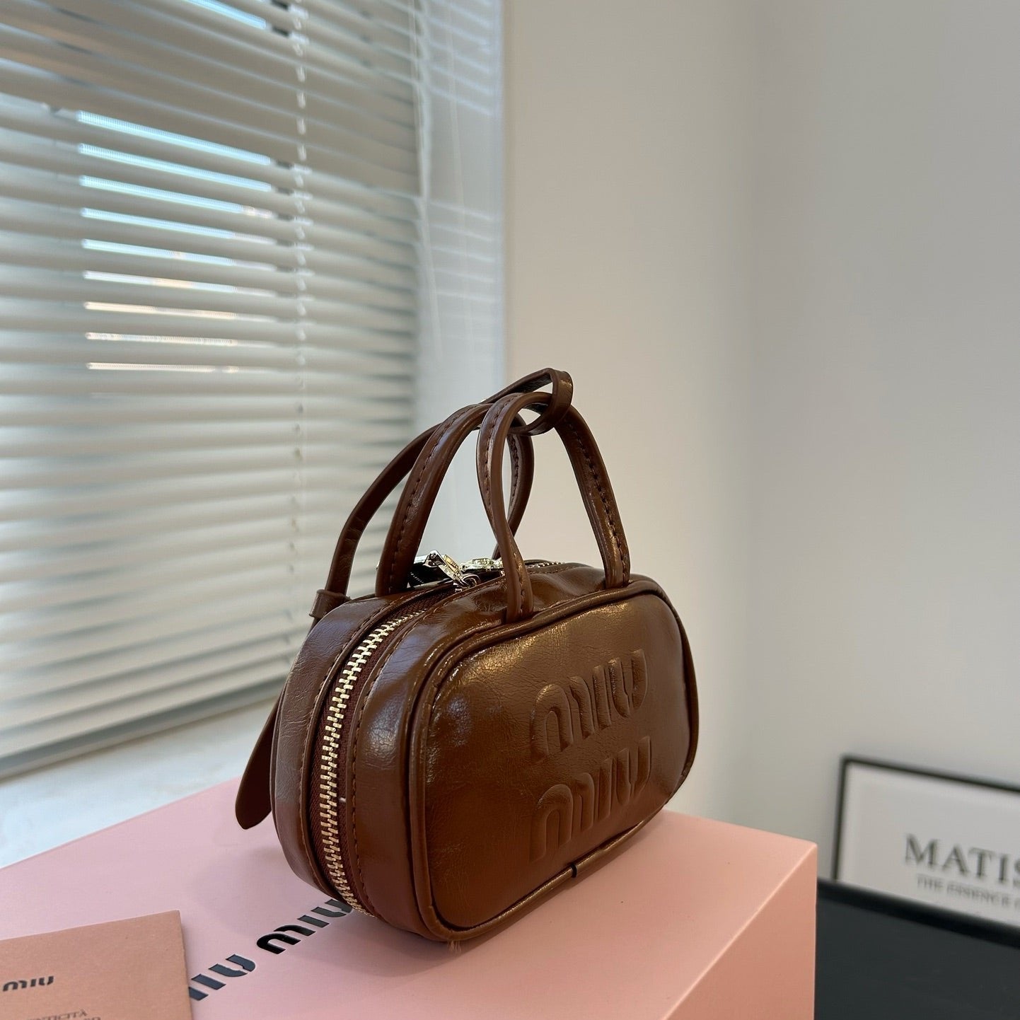 MIU MIU BEAU MINI TOP HANDLE BAG 14 IN PECAN BROWN CALFSKIN