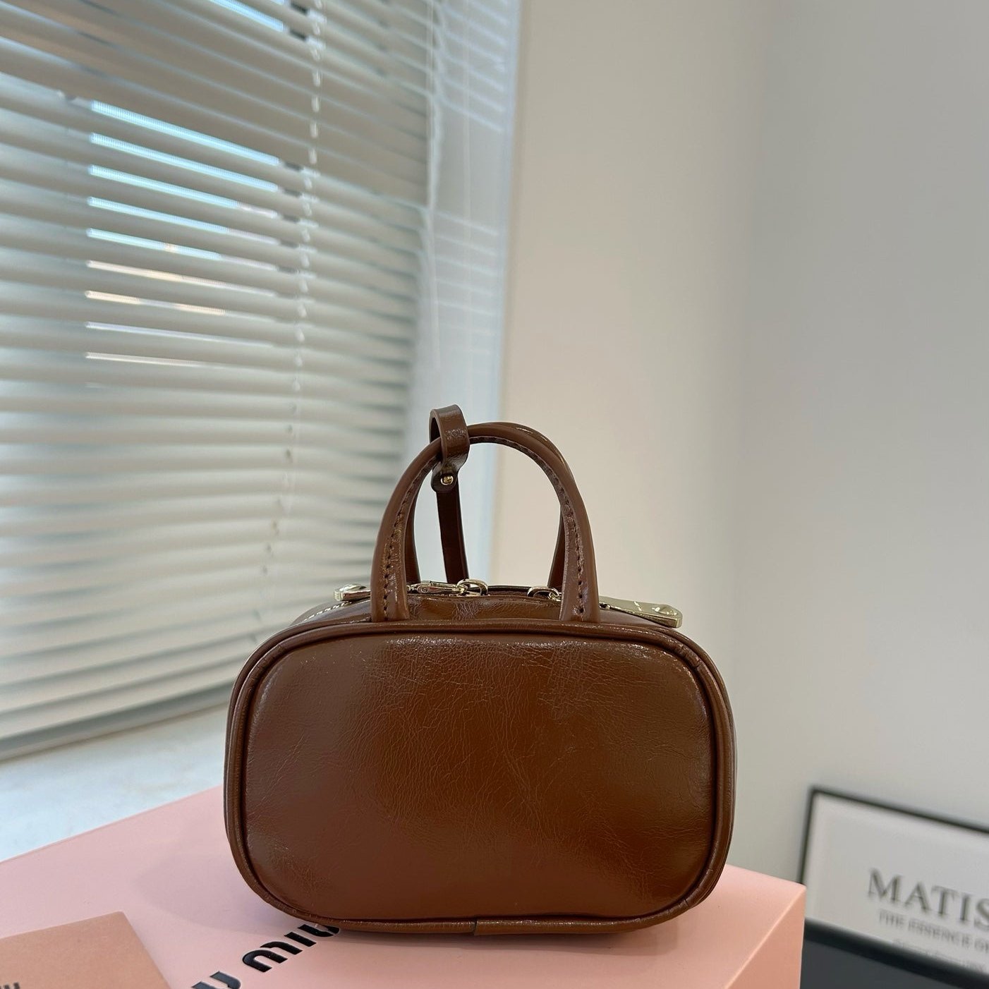 MIU MIU BEAU MINI TOP HANDLE BAG 14 IN PECAN BROWN CALFSKIN