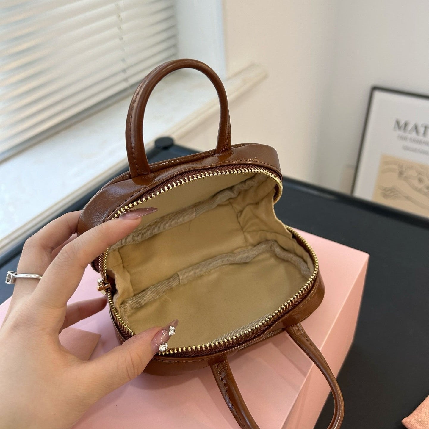 MIU MIU BEAU MINI TOP HANDLE BAG 14 IN PECAN BROWN CALFSKIN