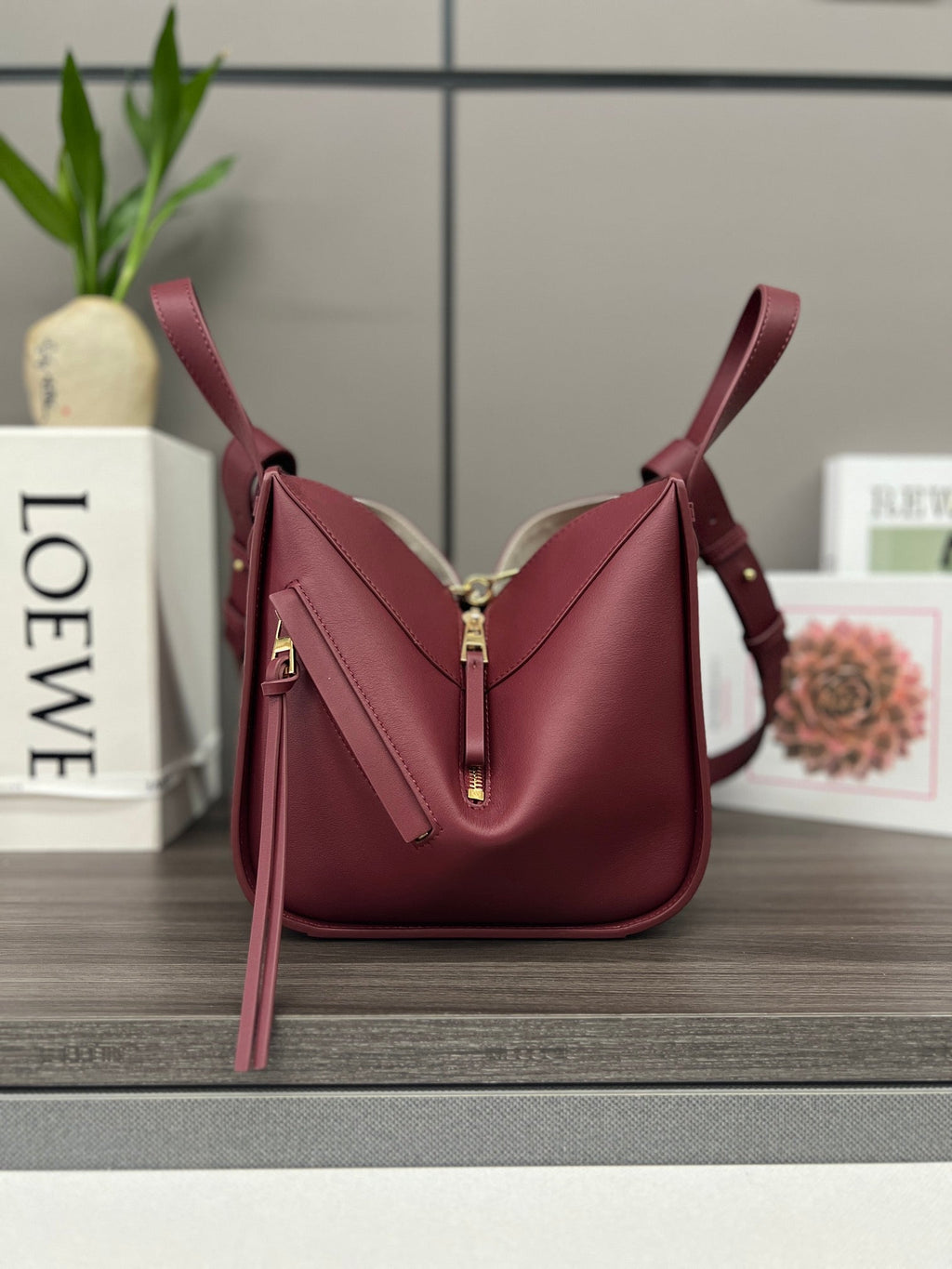 LOEWE LOE 20 HAMMOCK COMPACT BAG IN BURGUNDY RED CALFSKIN