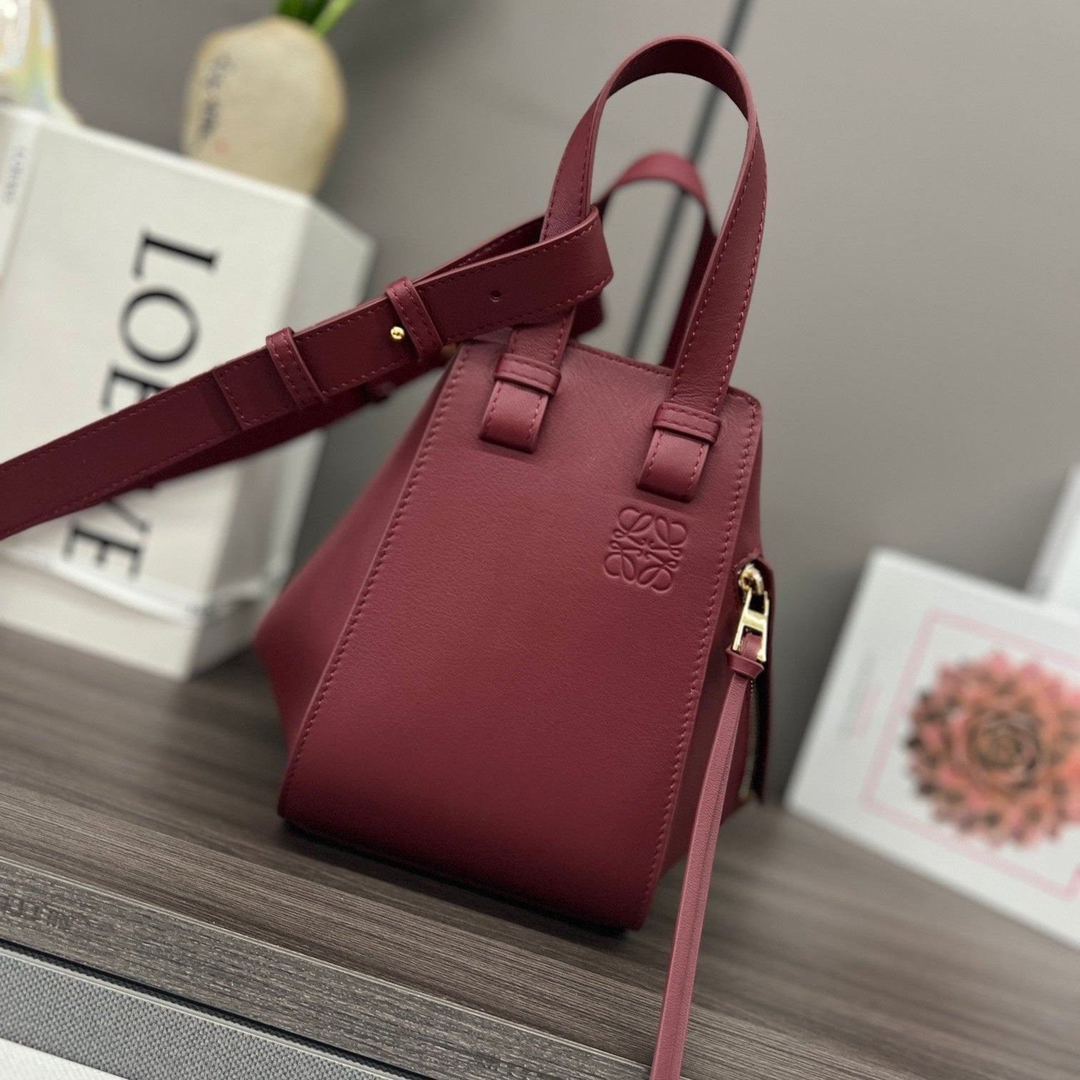 LOEWE LOE 20 HAMMOCK COMPACT BAG IN BURGUNDY RED CALFSKIN