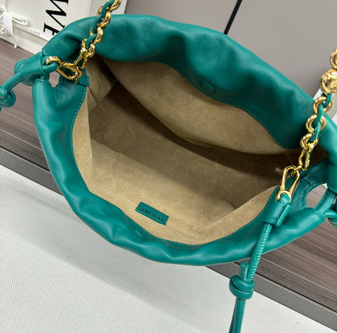 LOEWE LOE MEDIUM 30 FLAMENCO PURSE BUCKET IN TEAL GREEN LAMBSKIN