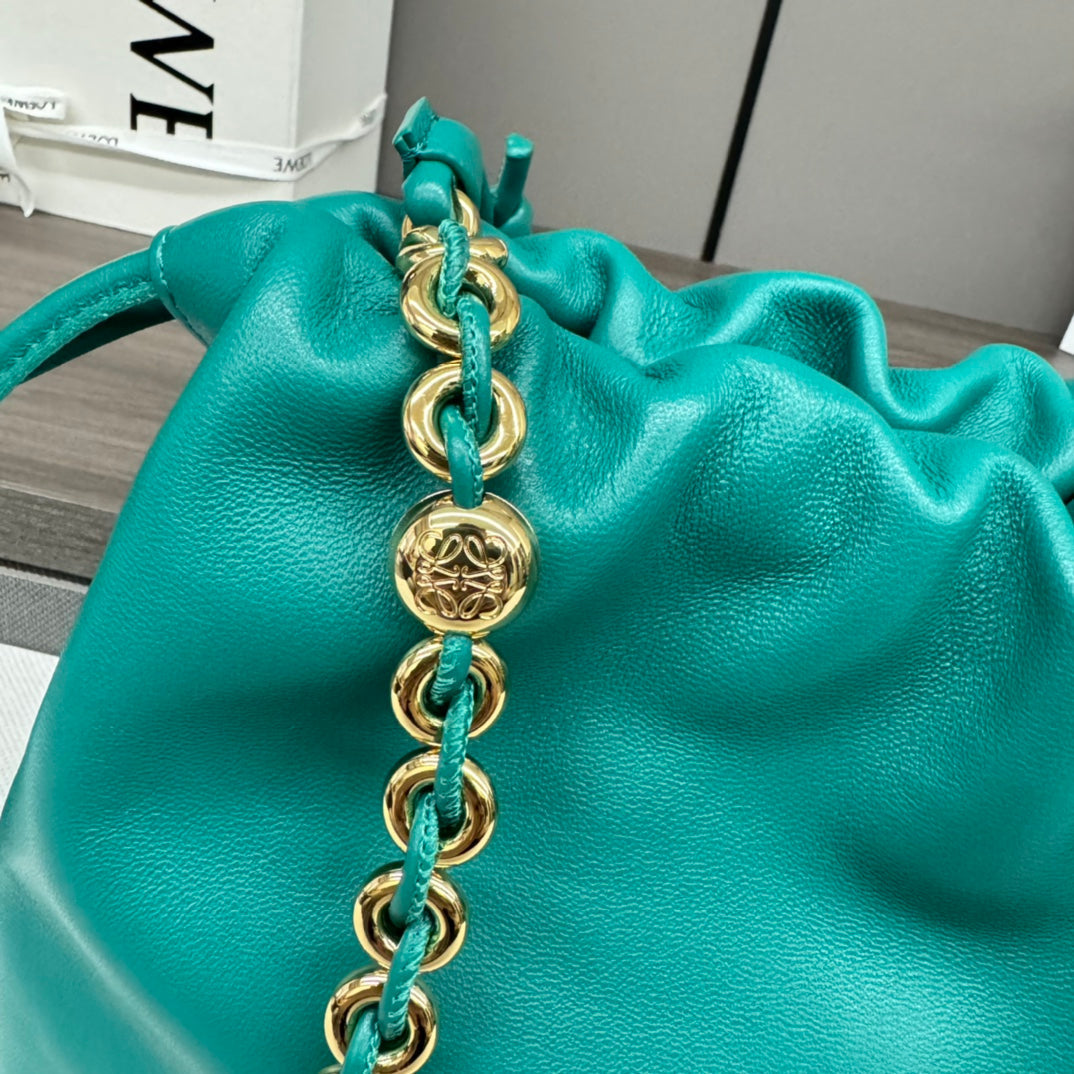 LOEWE LOE MEDIUM 30 FLAMENCO PURSE BUCKET IN TEAL GREEN LAMBSKIN
