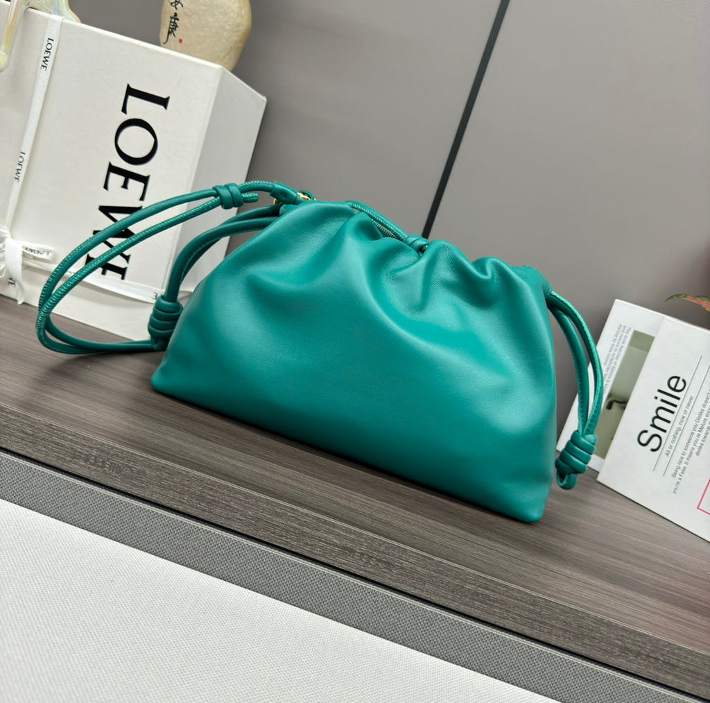 LOEWE LOE MEDIUM 30 FLAMENCO PURSE BUCKET IN TEAL GREEN LAMBSKIN