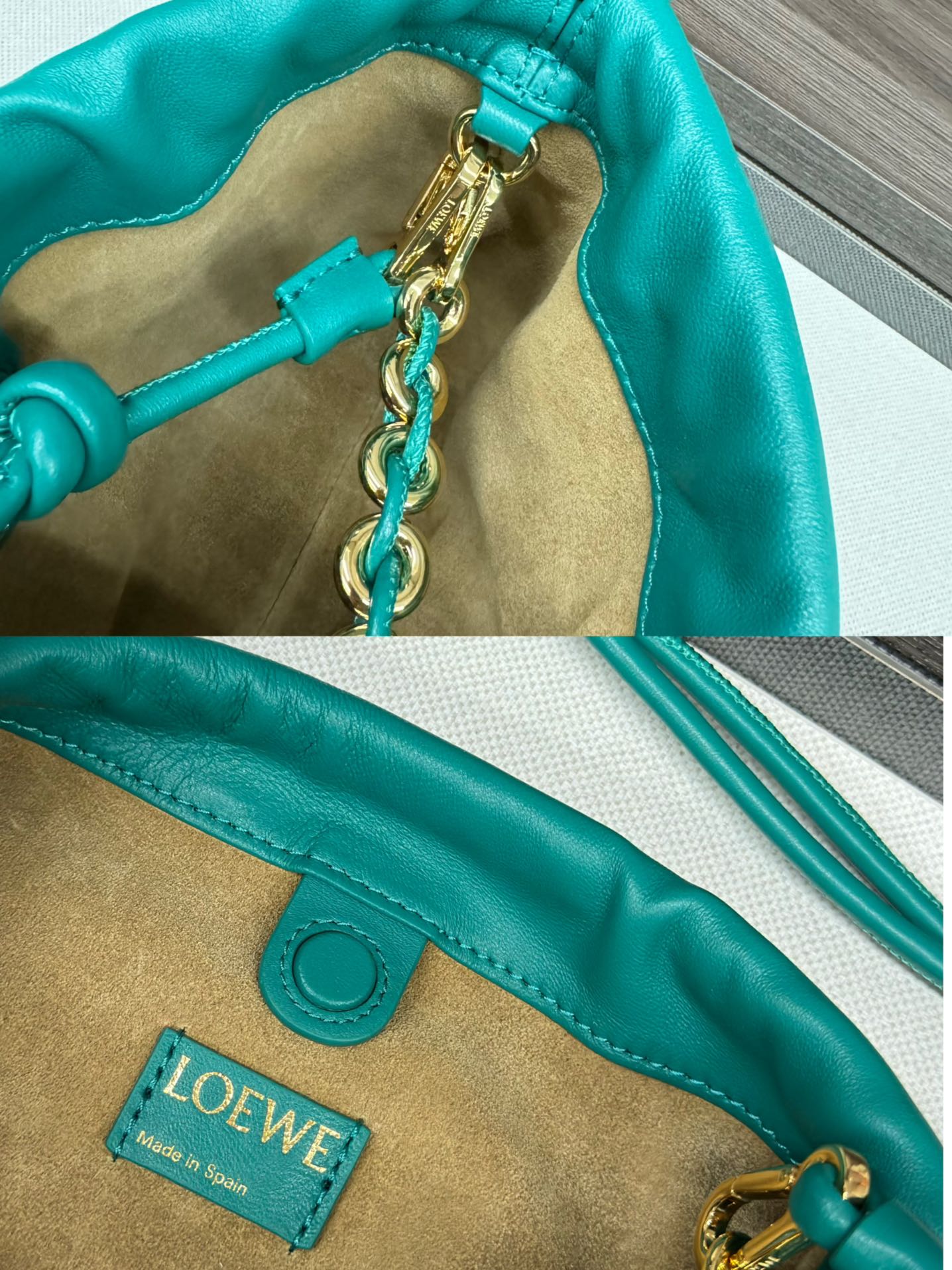 LOEWE LOE MEDIUM 30 FLAMENCO PURSE BUCKET IN TEAL GREEN LAMBSKIN