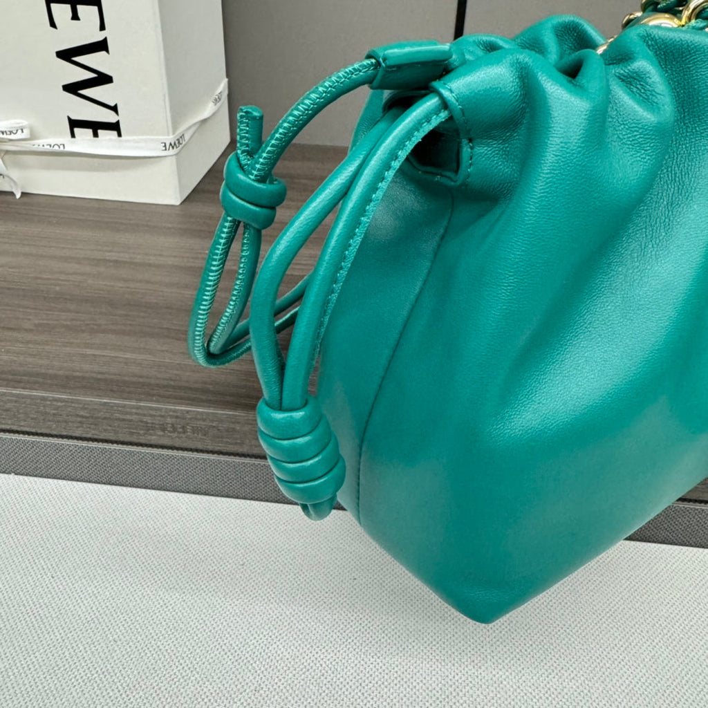 LOEWE LOE MEDIUM 30 FLAMENCO PURSE BUCKET IN TEAL GREEN LAMBSKIN