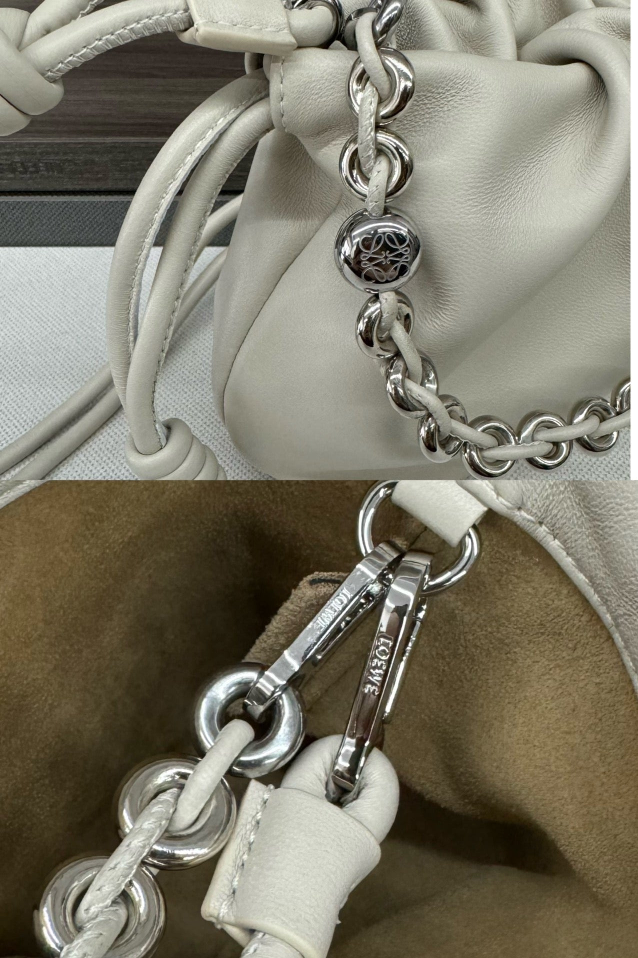 LOEWE LOE 23 FLAMENCO PURSE BUCKET IN WHITE LAMBSKIN