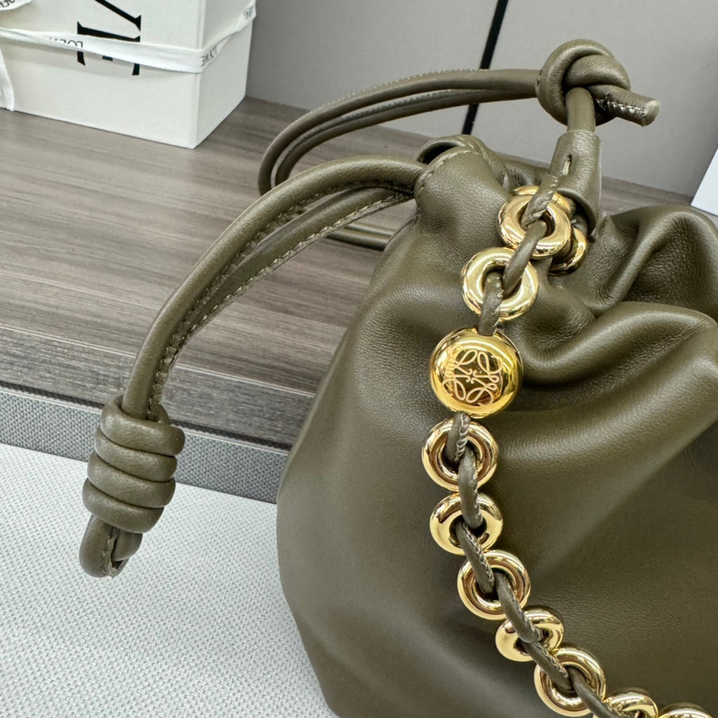 LOEWE LOE 23 FLAMENCO PURSE BUCKET IN ARMY GREEN LAMBSKIN