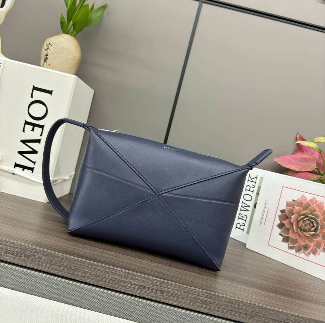 LOEWE PUZZLE FOLD WASH 22 BAG IN PRUSSIAN BLUE SHINY CALFSKIN
