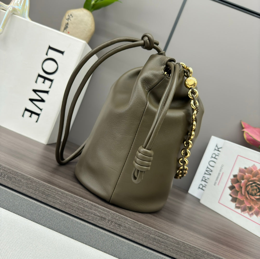 LOEWE LOE 32 FLAMENCO PURSE BUCKET IN ARMY GREEN LAMBSKIN