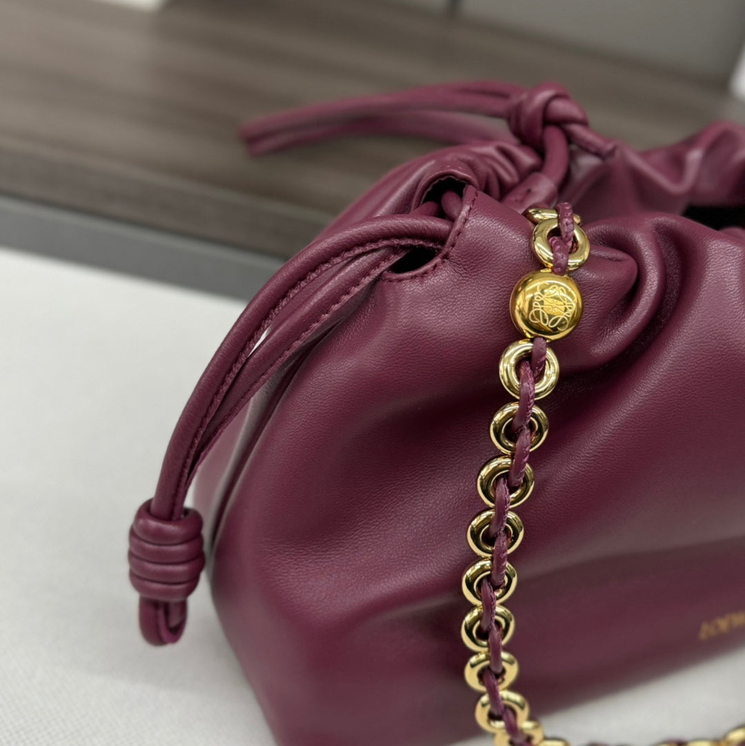 LOEWE LOE MEDIUM 30 FLAMENCO PURSE BUCKET IN PLUM PURPLE LAMBSKIN