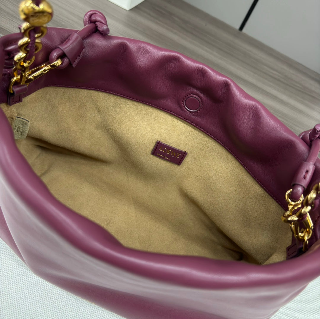 LOEWE LOE MEDIUM 30 FLAMENCO PURSE BUCKET IN PLUM PURPLE LAMBSKIN