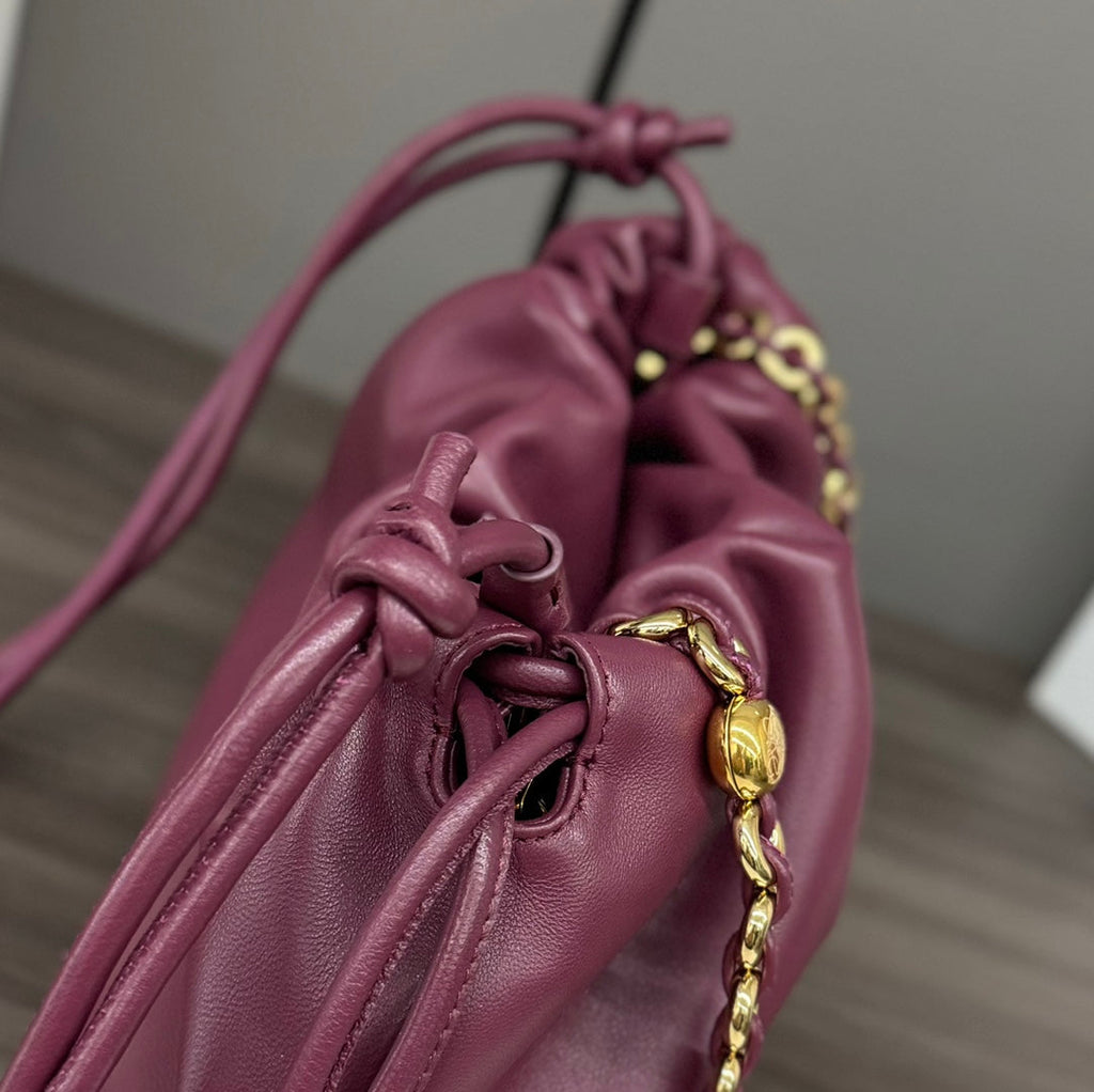 LOEWE LOE MEDIUM 30 FLAMENCO PURSE BUCKET IN PLUM PURPLE LAMBSKIN