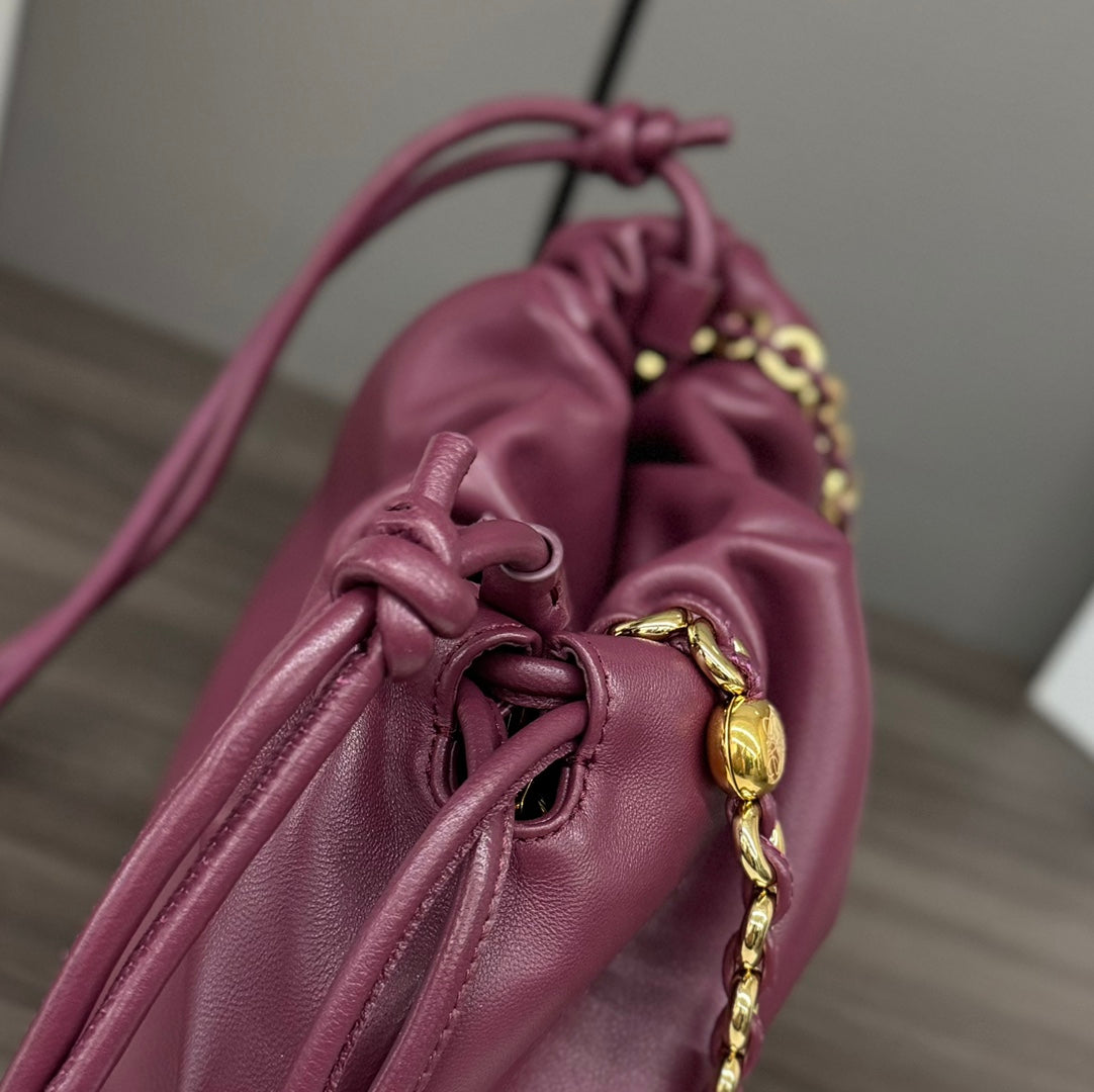 LOEWE LOE MEDIUM 30 FLAMENCO PURSE BUCKET IN PLUM PURPLE LAMBSKIN