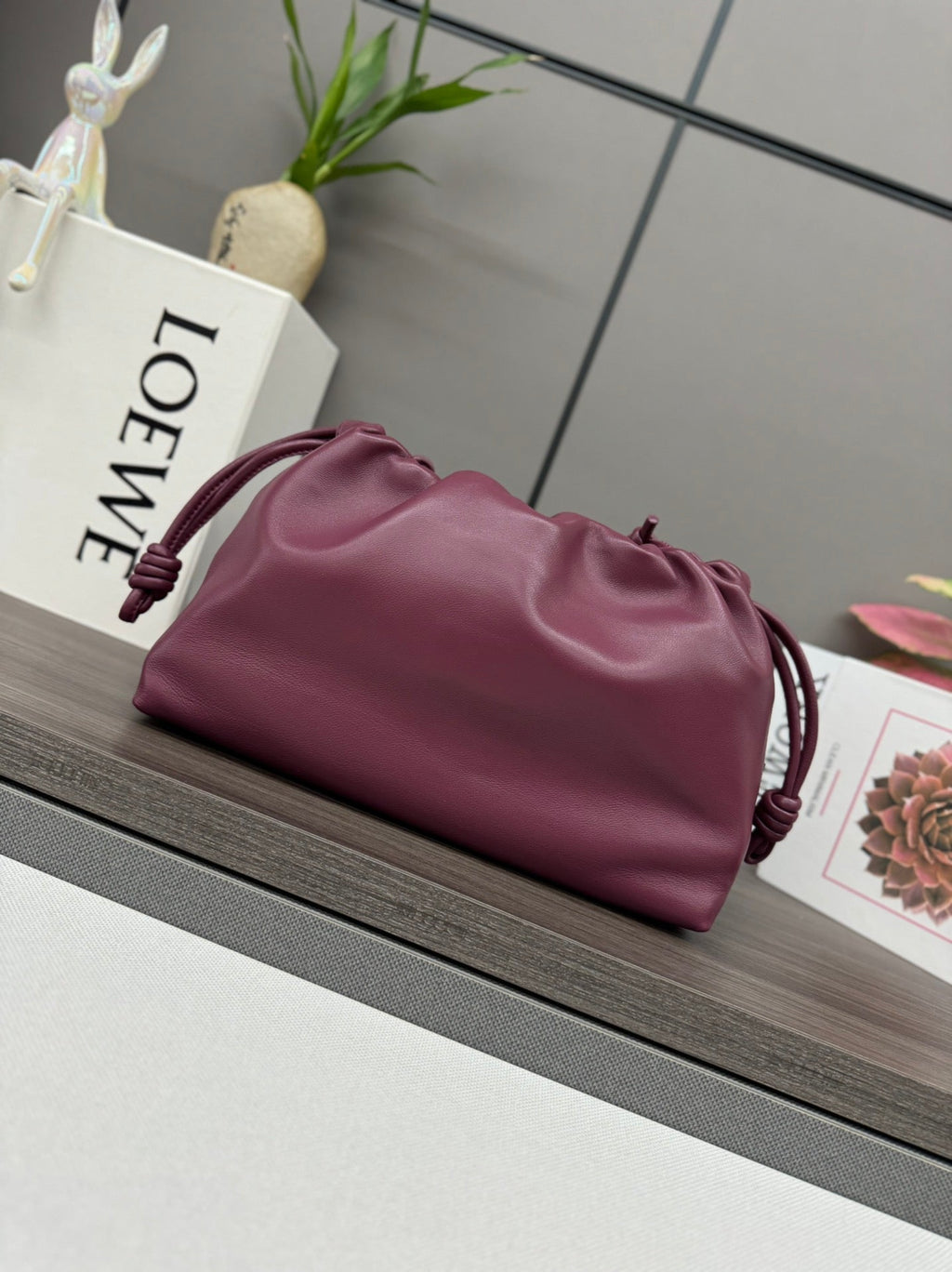 LOEWE LOE MEDIUM 30 FLAMENCO PURSE BUCKET IN PLUM PURPLE LAMBSKIN