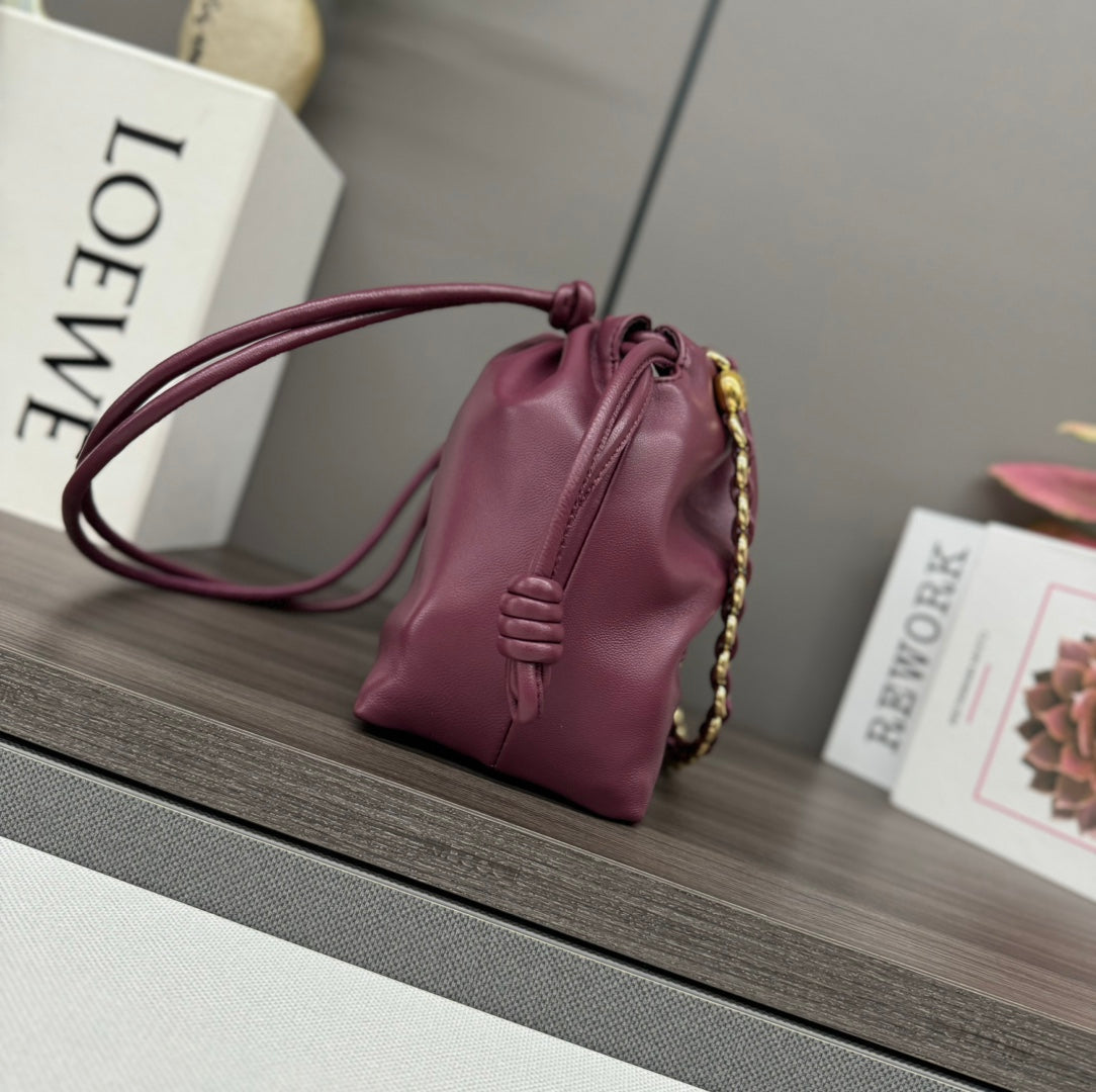 LOEWE LOE MEDIUM 30 FLAMENCO PURSE BUCKET IN PLUM PURPLE LAMBSKIN
