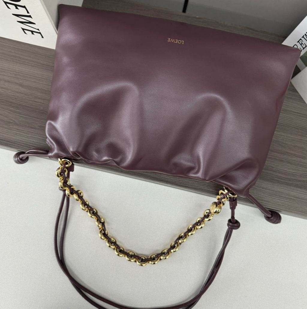 LOEWE LOE LARGE 41 FLAMENCO PURSE BUCKET IN WINE PURPLE LAMBSKIN GOLD HARDWARE