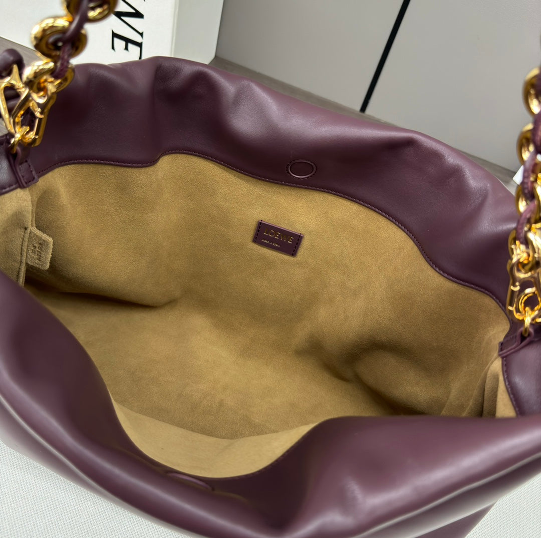 LOEWE LOE LARGE 41 FLAMENCO PURSE BUCKET IN WINE PURPLE LAMBSKIN GOLD HARDWARE