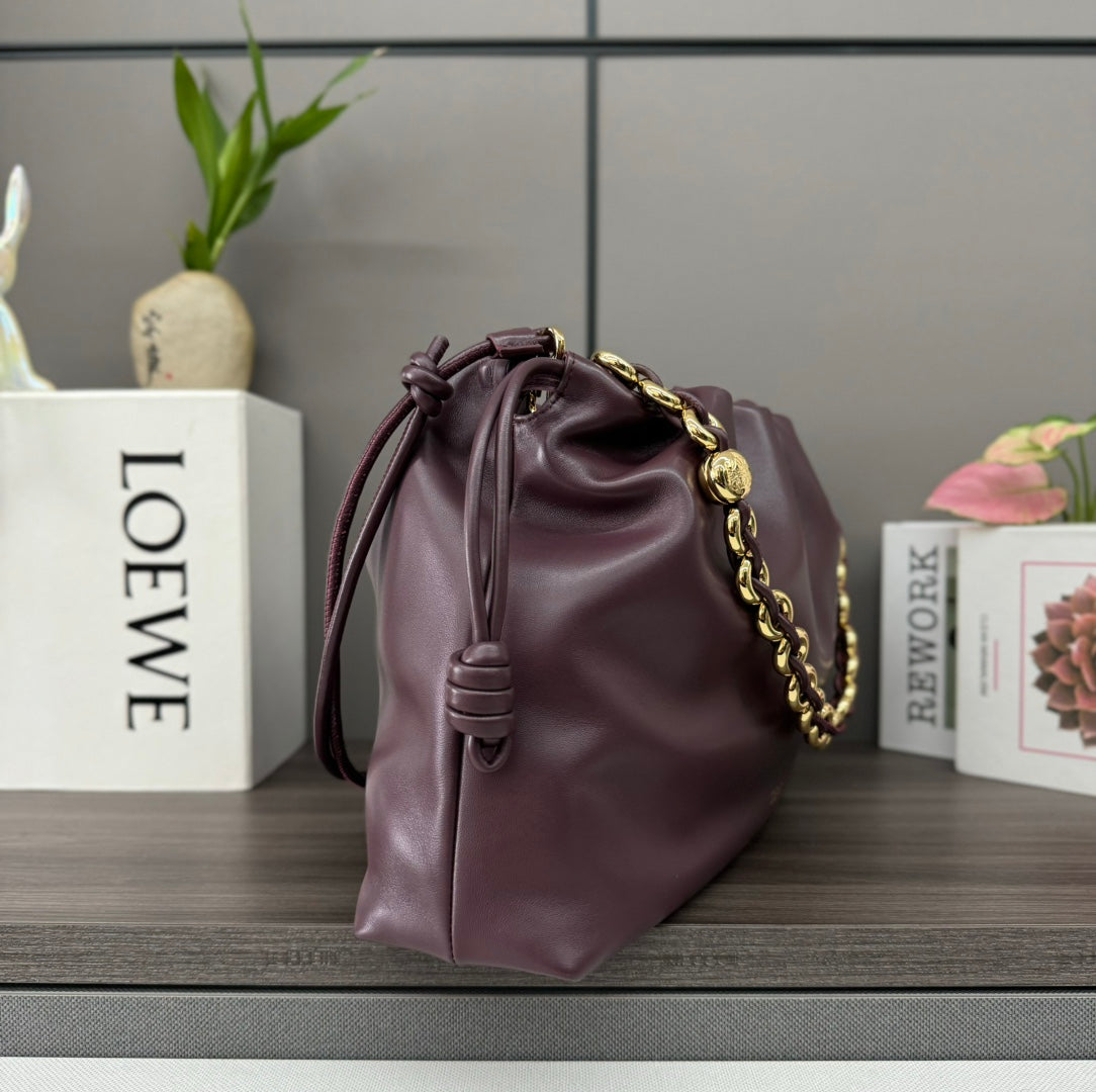 LOEWE LOE LARGE 41 FLAMENCO PURSE BUCKET IN WINE PURPLE LAMBSKIN GOLD HARDWARE
