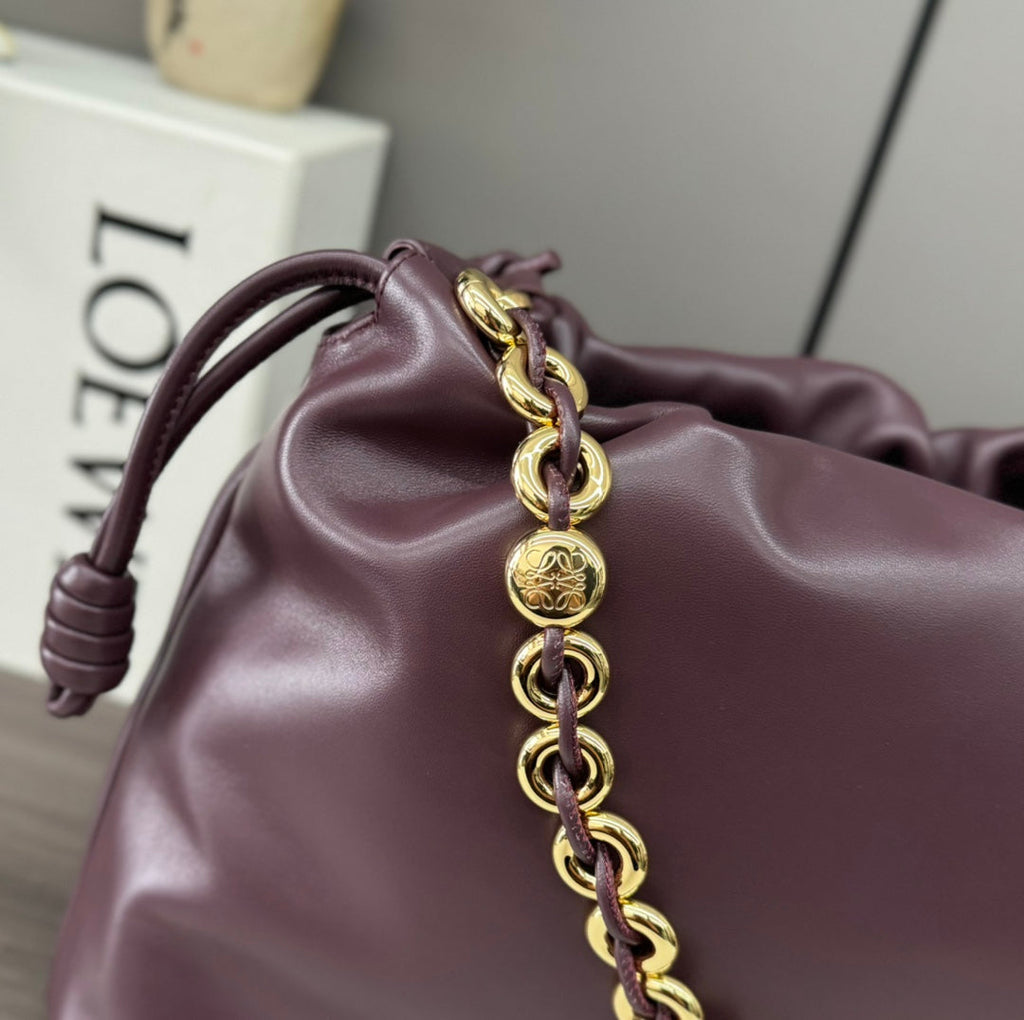 LOEWE LOE LARGE 41 FLAMENCO PURSE BUCKET IN WINE PURPLE LAMBSKIN GOLD HARDWARE