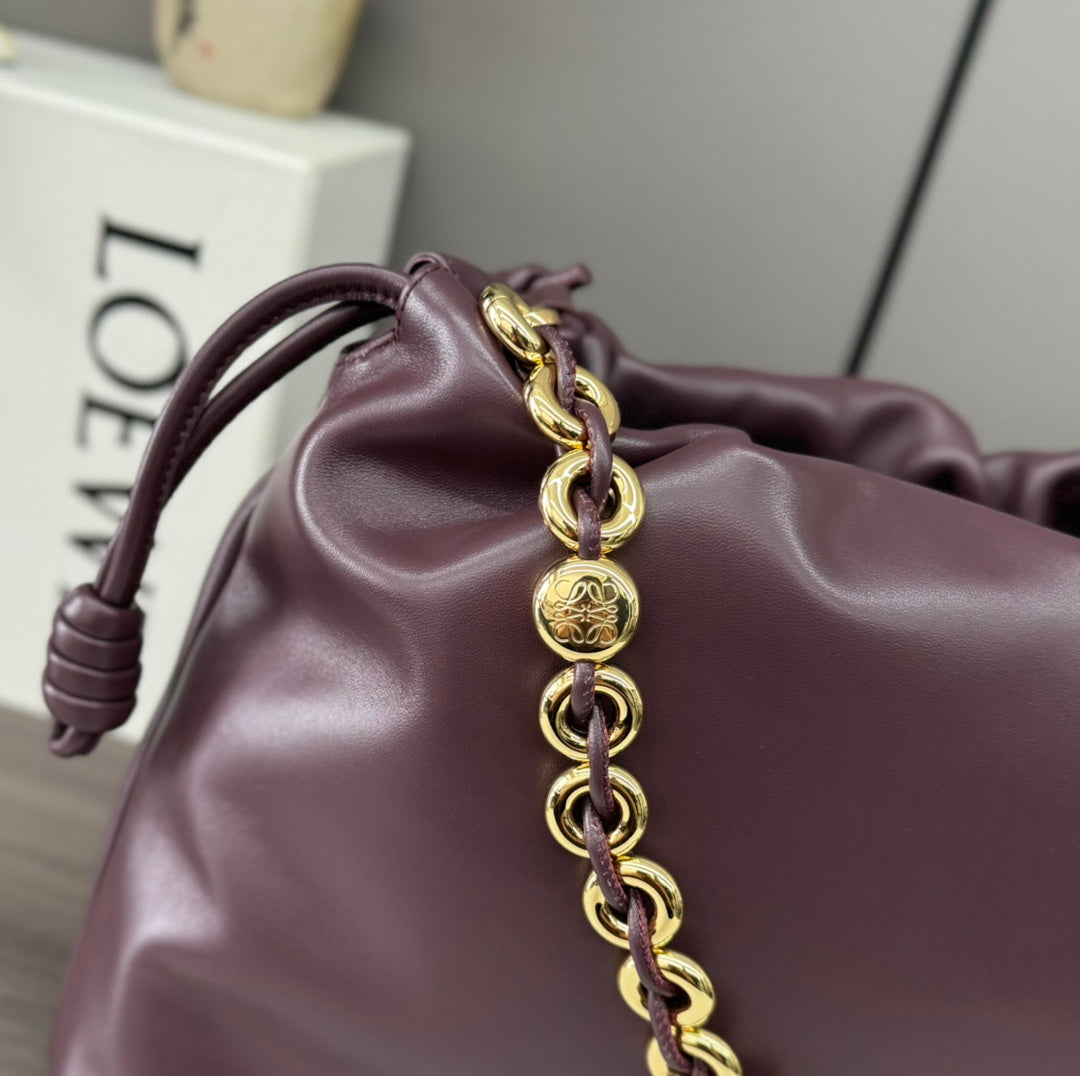 LOEWE LOE LARGE 41 FLAMENCO PURSE BUCKET IN WINE PURPLE LAMBSKIN GOLD HARDWARE