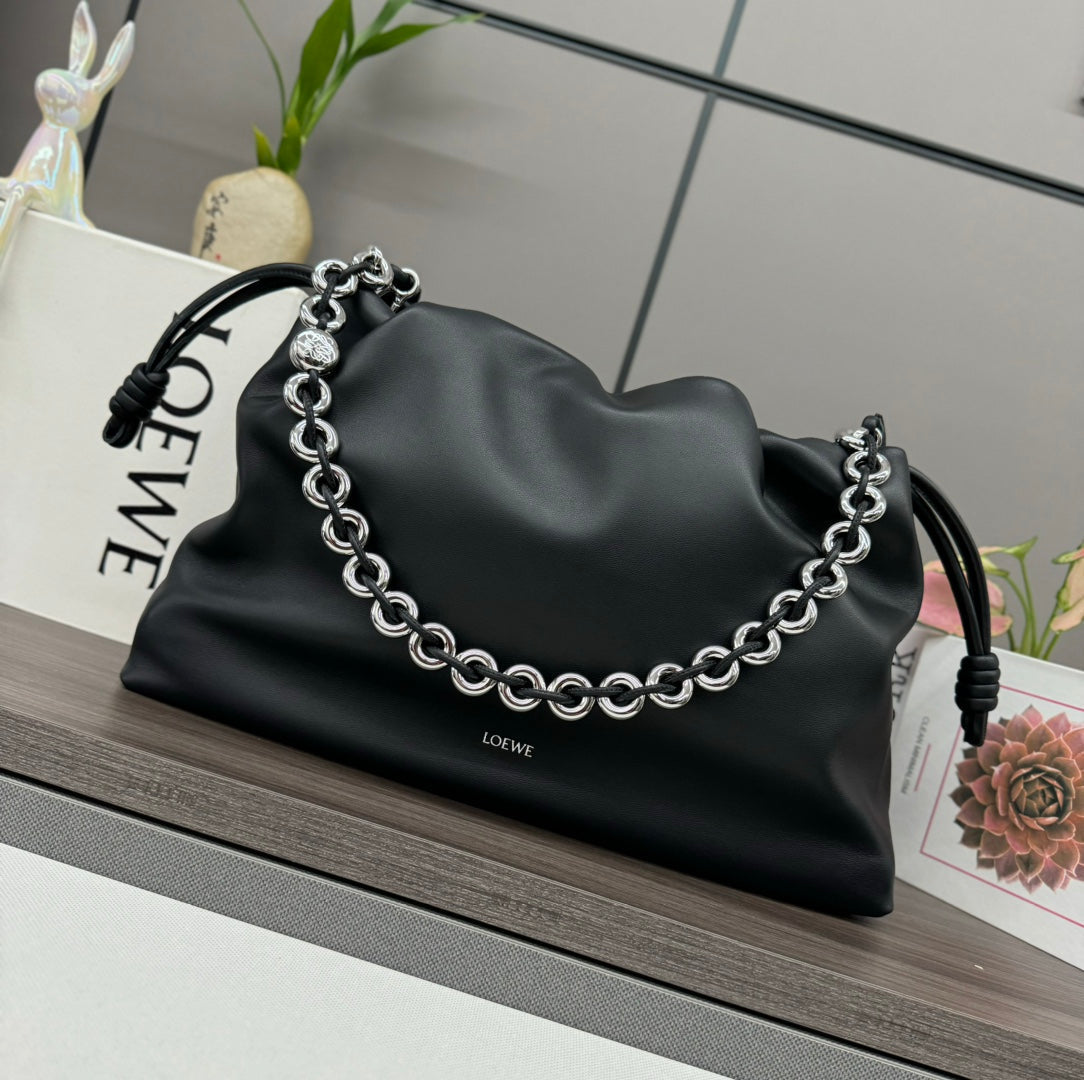 LOEWE LOE LARGE 41 FLAMENCO PURSE BUCKET IN BLACK LAMBSKIN SILVER HARDWARE
