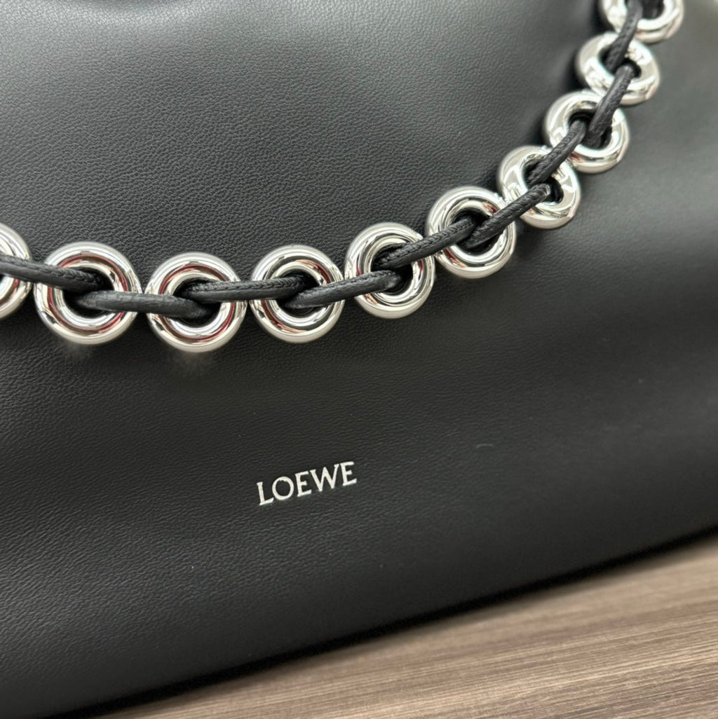 LOEWE LOE LARGE 41 FLAMENCO PURSE BUCKET IN BLACK LAMBSKIN SILVER HARDWARE