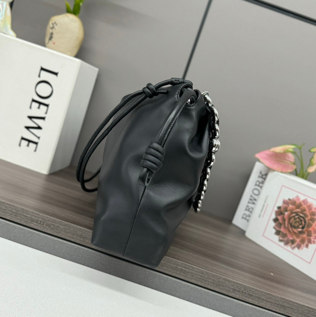 LOEWE LOE LARGE 41 FLAMENCO PURSE BUCKET IN BLACK LAMBSKIN SILVER HARDWARE